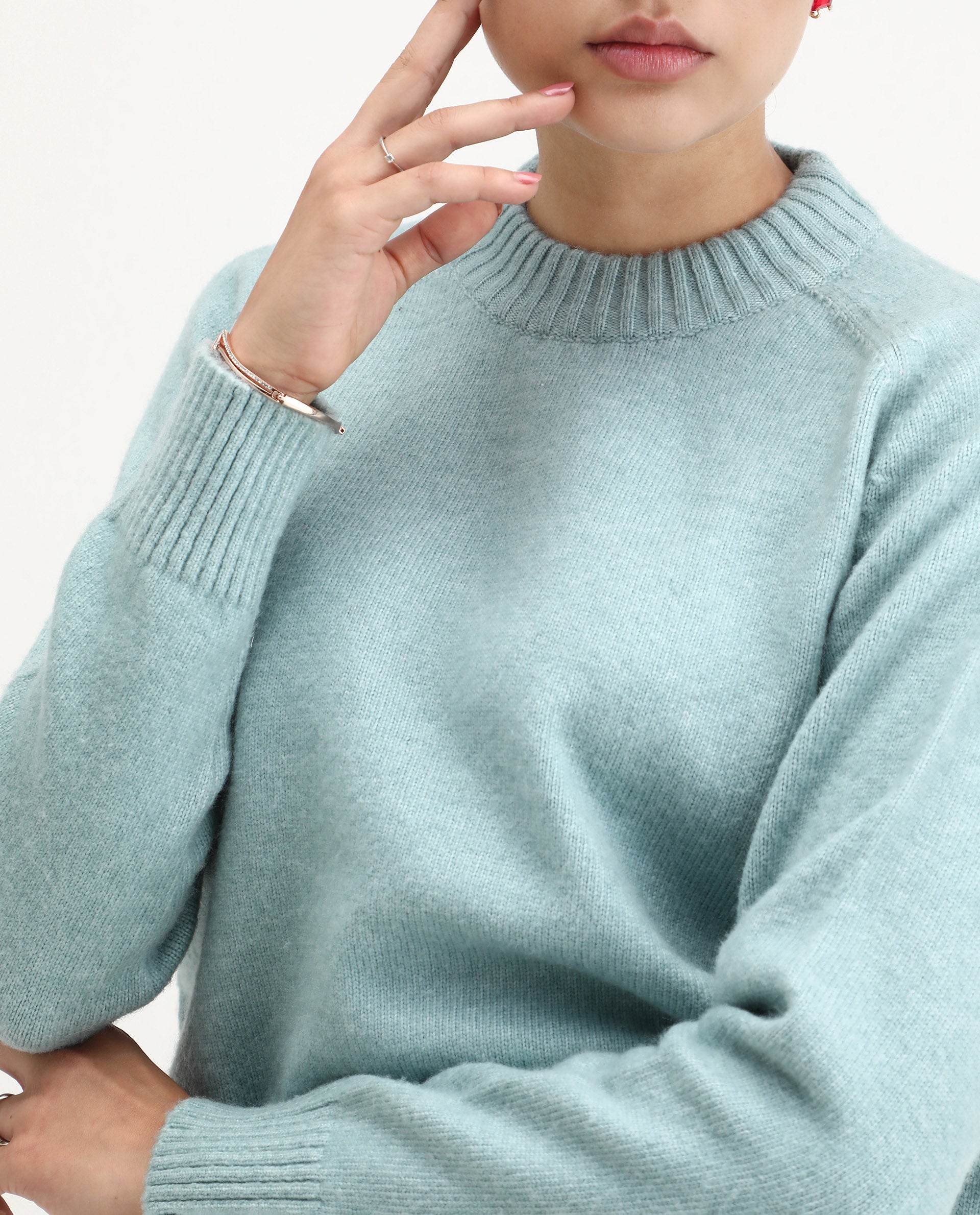 Rareism Women's Mitsu Light Blue Acrylic Blend Crew Neck Relaxed Fit Sweater
