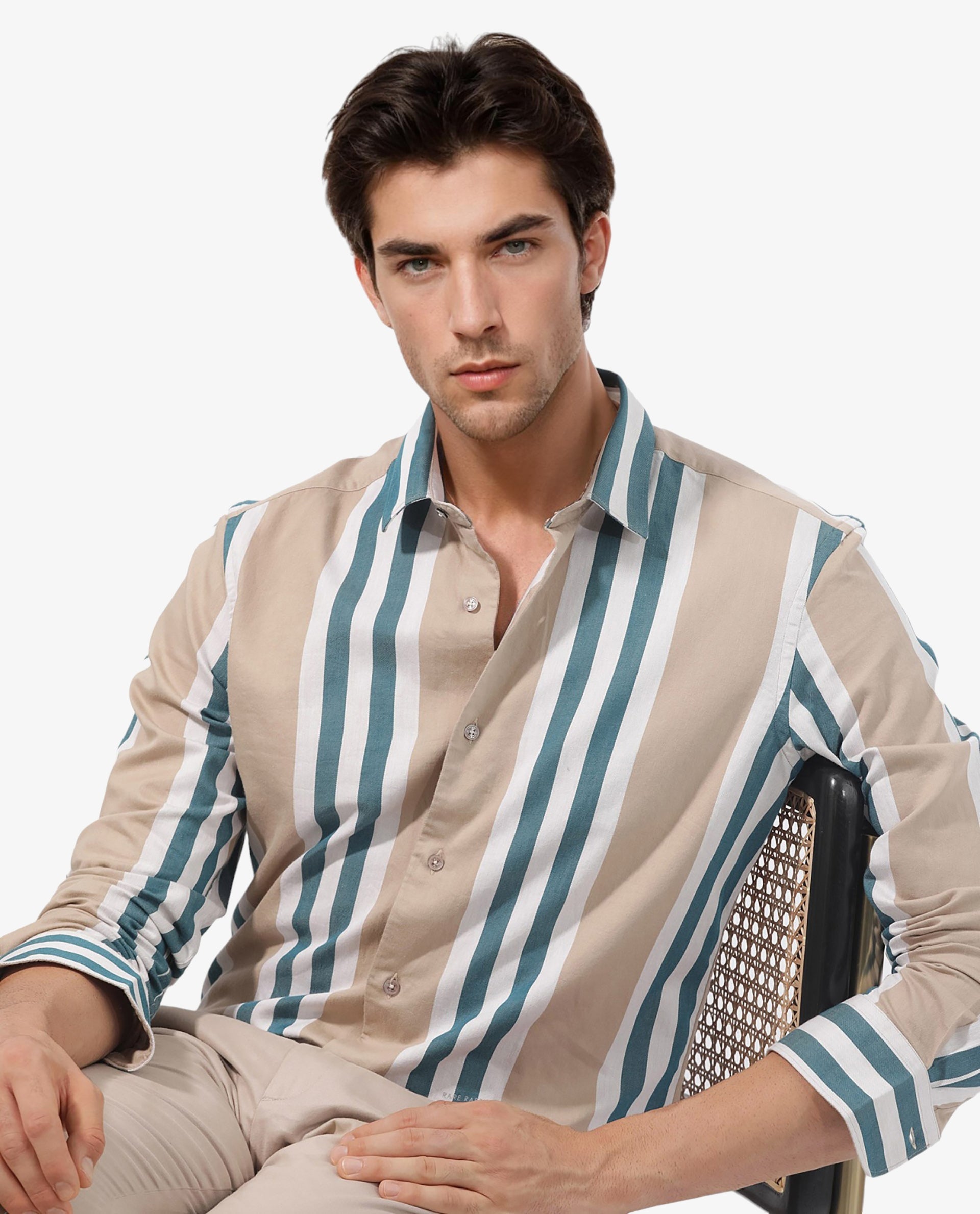 Rare Rabbit Men's Modena Light Brown Cotton Fabric Full Sleeves Striped Print Shirt