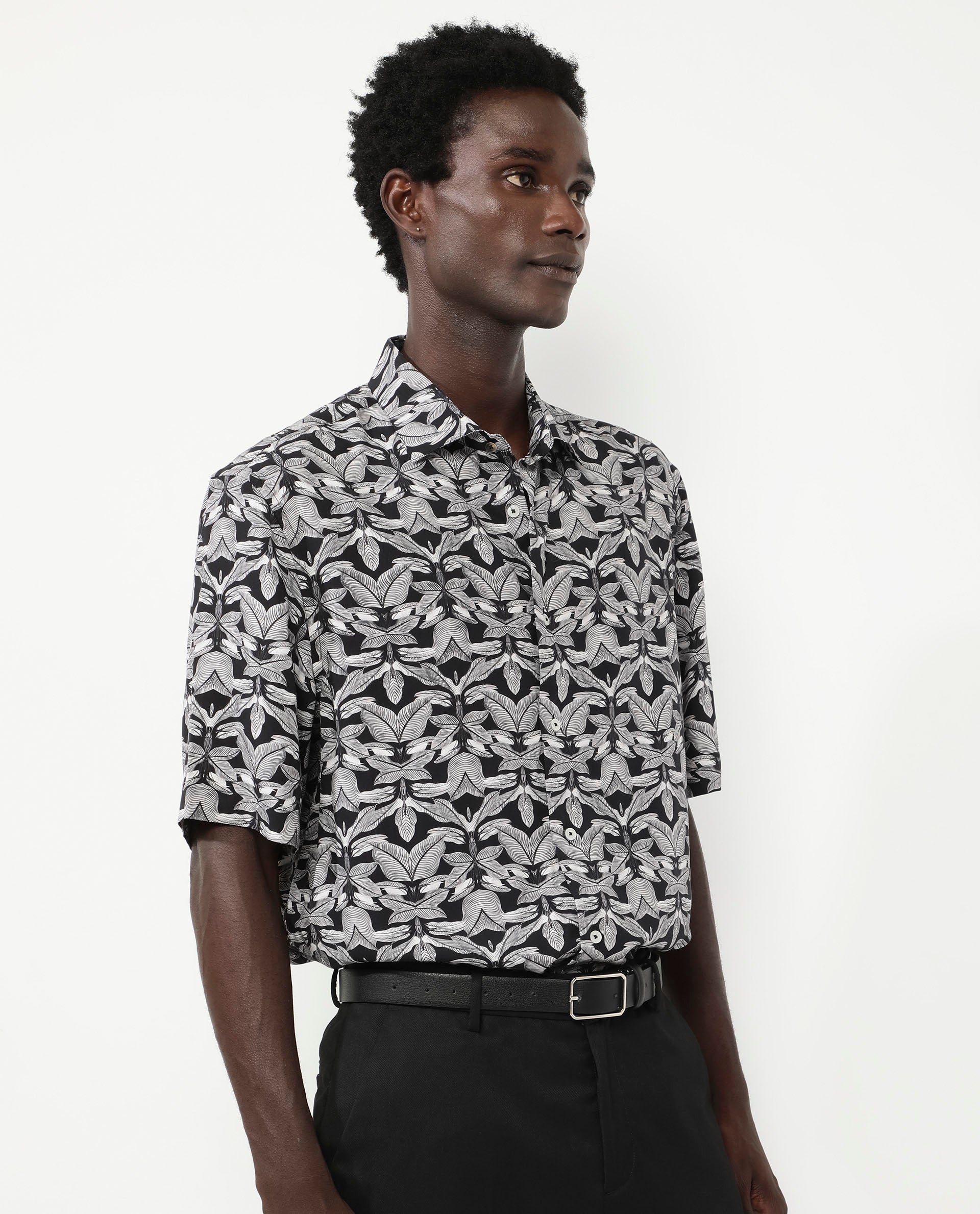 Rare Rabbit Men's Mogu Black Viscose Fabric Short Sleeves Collared Neck Boxy Fit Tropical Print Shirt