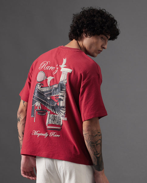 Rare Rabbit Men's Molo Red Cotton Graphic Print Oversized Fit Half Sle