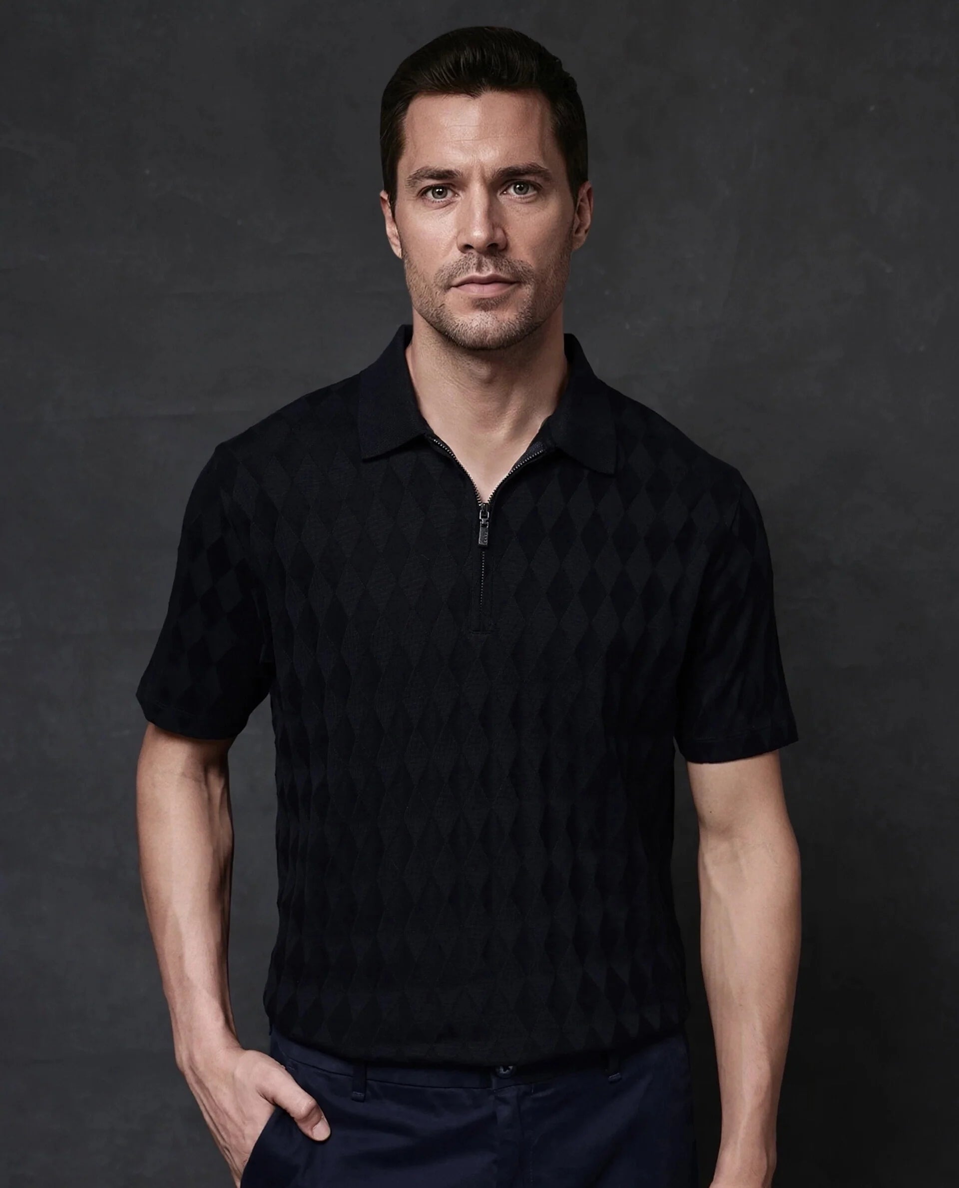 Rare Rabbit Men Mon Navy Short Sleeve Regular Collar Zipper Closure Jacquard Polo