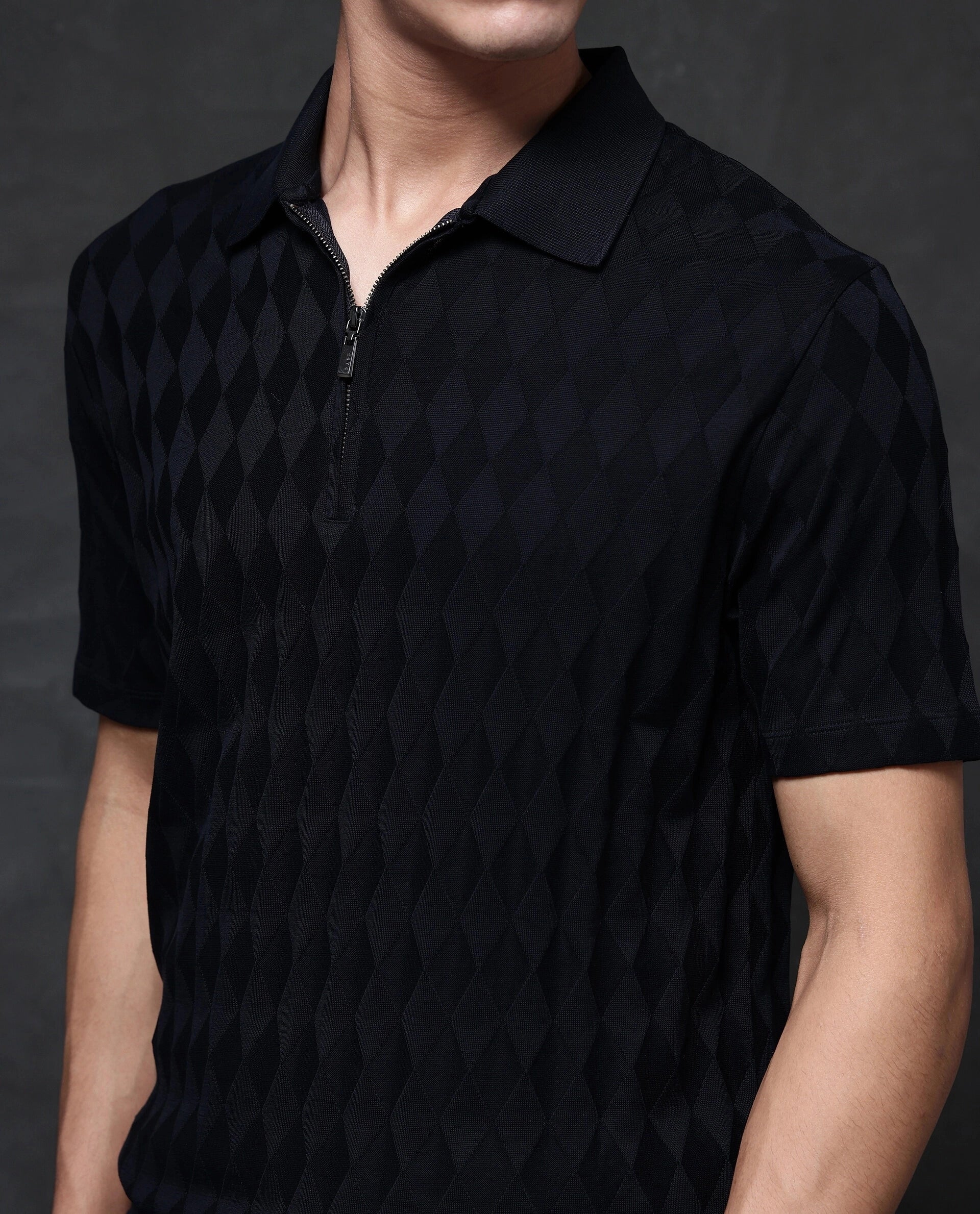 Rare Rabbit Men Mon Navy Short Sleeve Regular Collar Zipper Closure Jacquard Polo