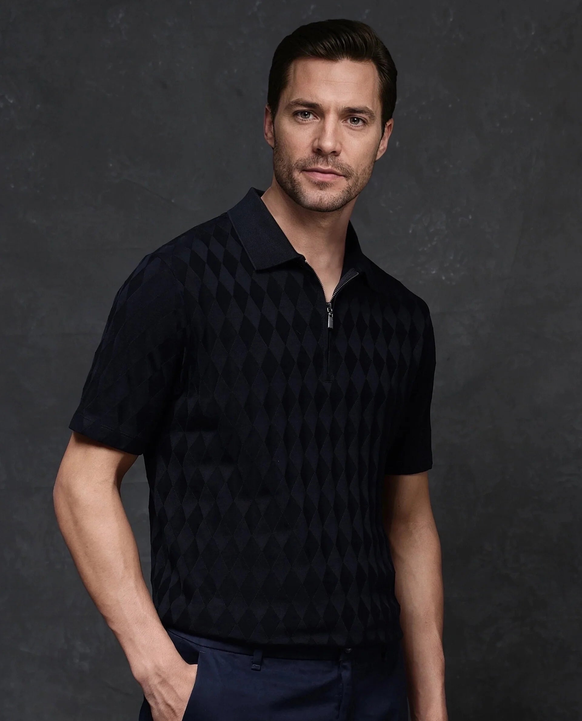 Rare Rabbit Men Mon Navy Short Sleeve Regular Collar Zipper Closure Jacquard Polo