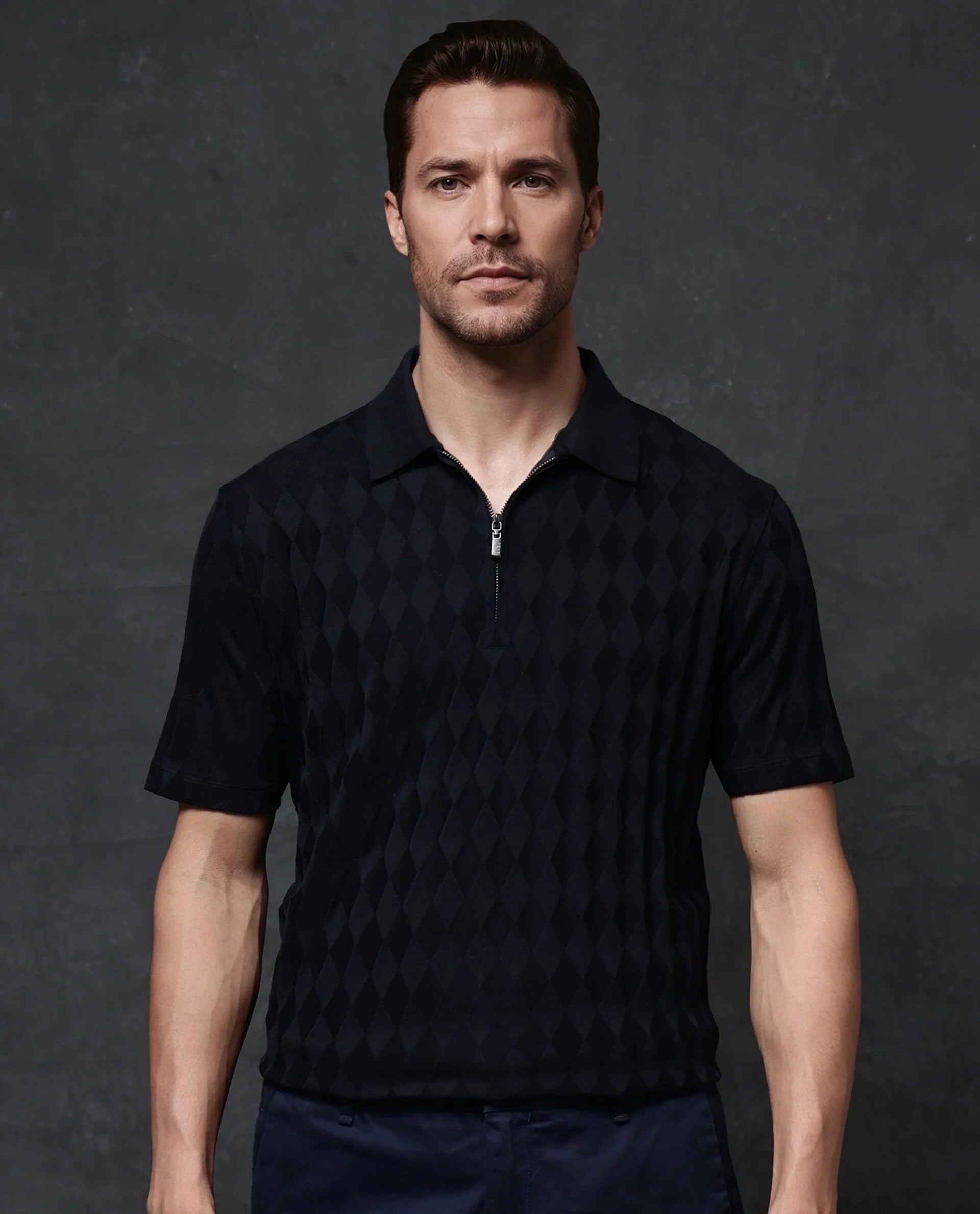 Rare Rabbit Men Mon Navy Short Sleeve Regular Collar Zipper Closure Jacquard Polo