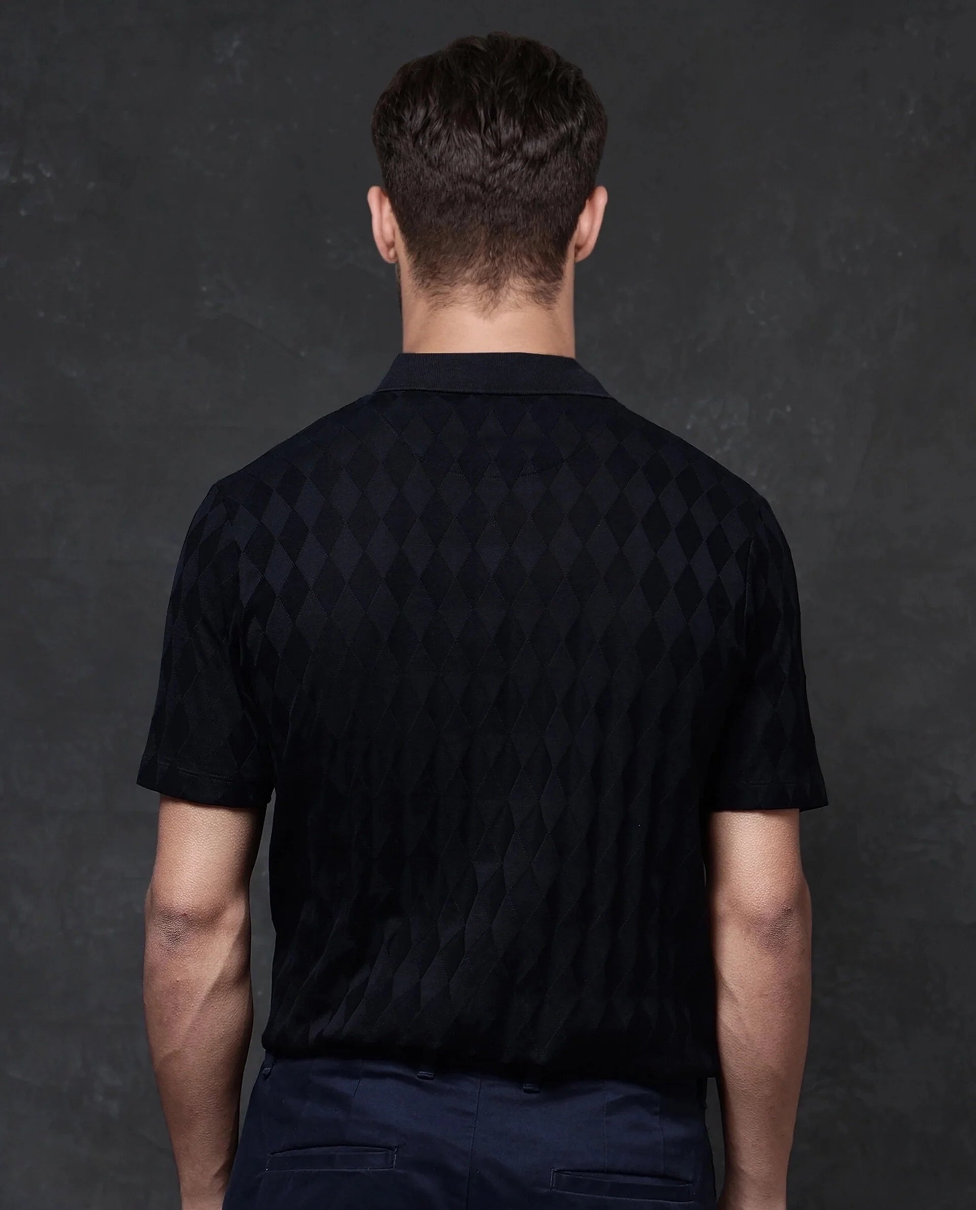 Rare Rabbit Men Mon Navy Short Sleeve Regular Collar Zipper Closure Jacquard Polo