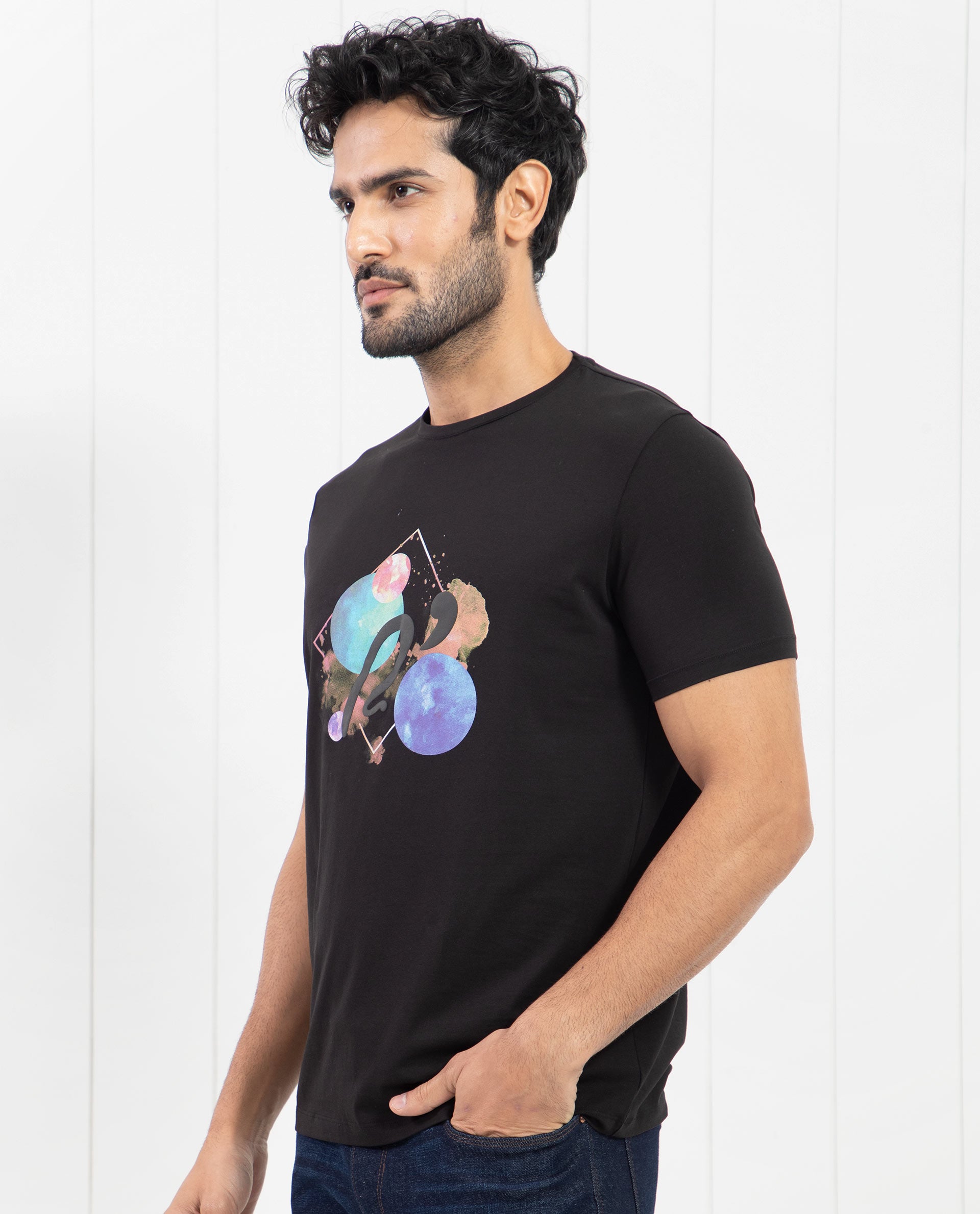 Rare Rabbit Men's Moreno Black Crew Neck Half Sleeves Regular Fit Graphic Print T-Shirt