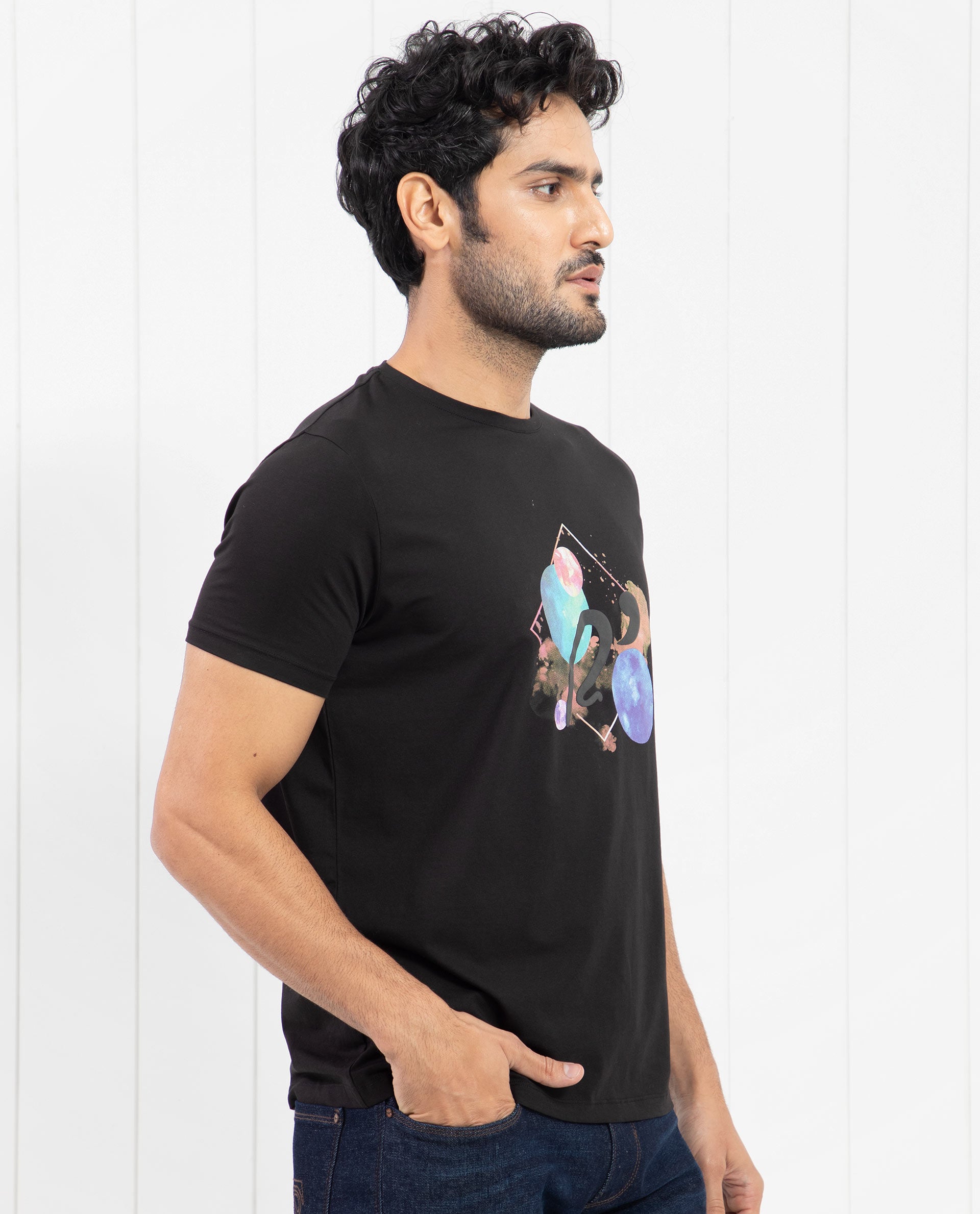 Rare Rabbit Men's Moreno Black Crew Neck Half Sleeves Regular Fit Graphic Print T-Shirt