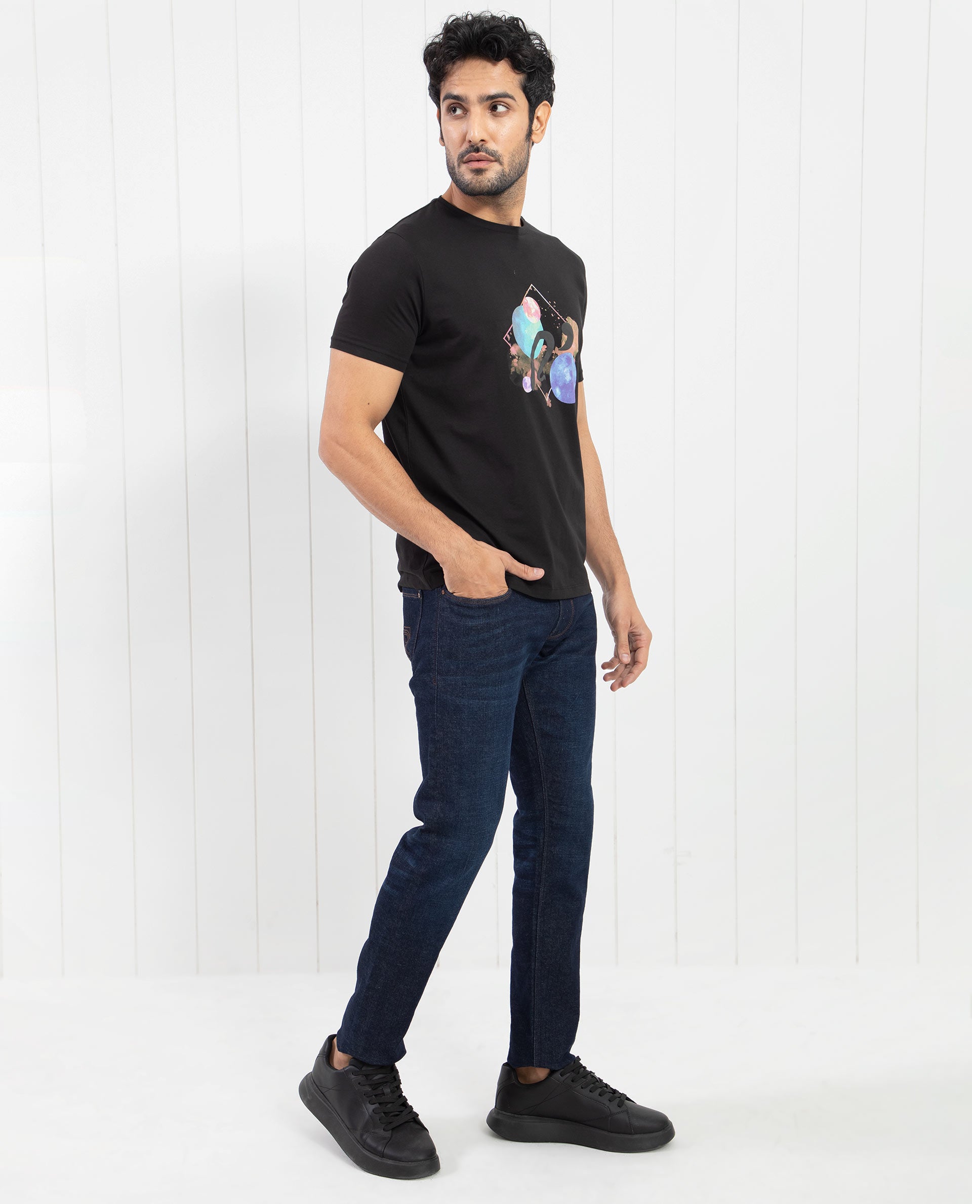 Rare Rabbit Men's Moreno Black Crew Neck Half Sleeves Regular Fit Graphic Print T-Shirt