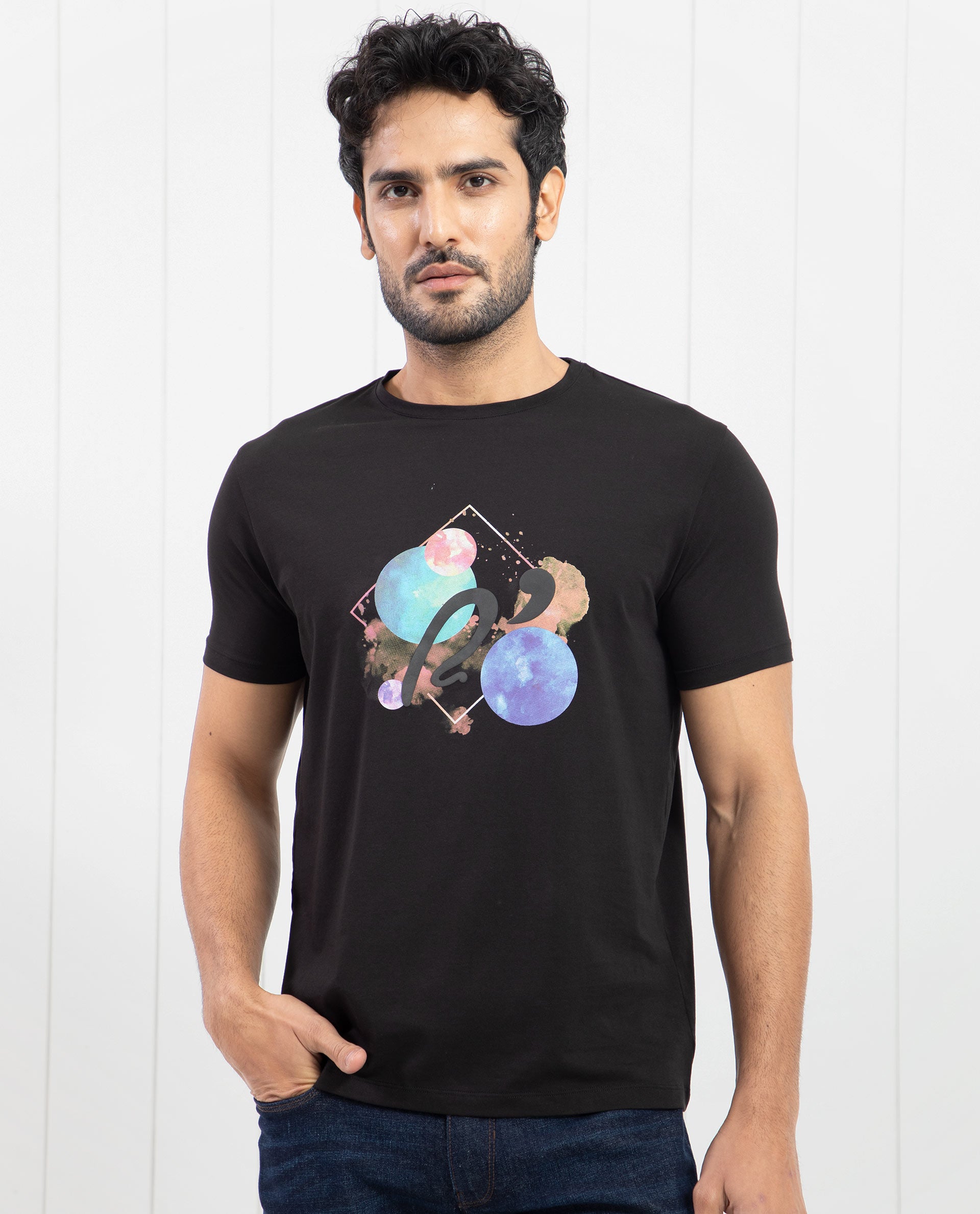 Rare Rabbit Men's Moreno Black Crew Neck Half Sleeves Regular Fit Graphic Print T-Shirt