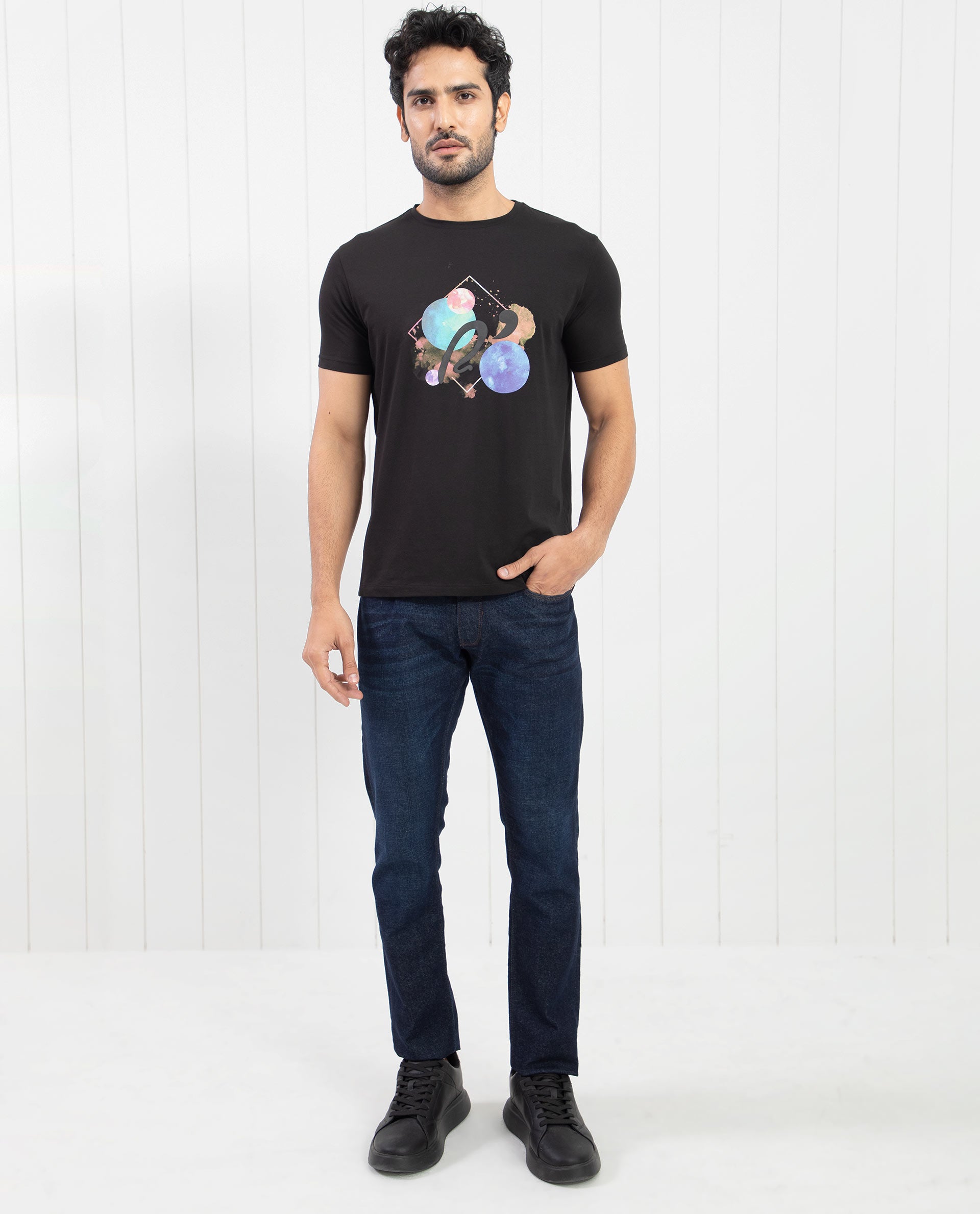 Rare Rabbit Men's Moreno Black Crew Neck Half Sleeves Regular Fit Graphic Print T-Shirt