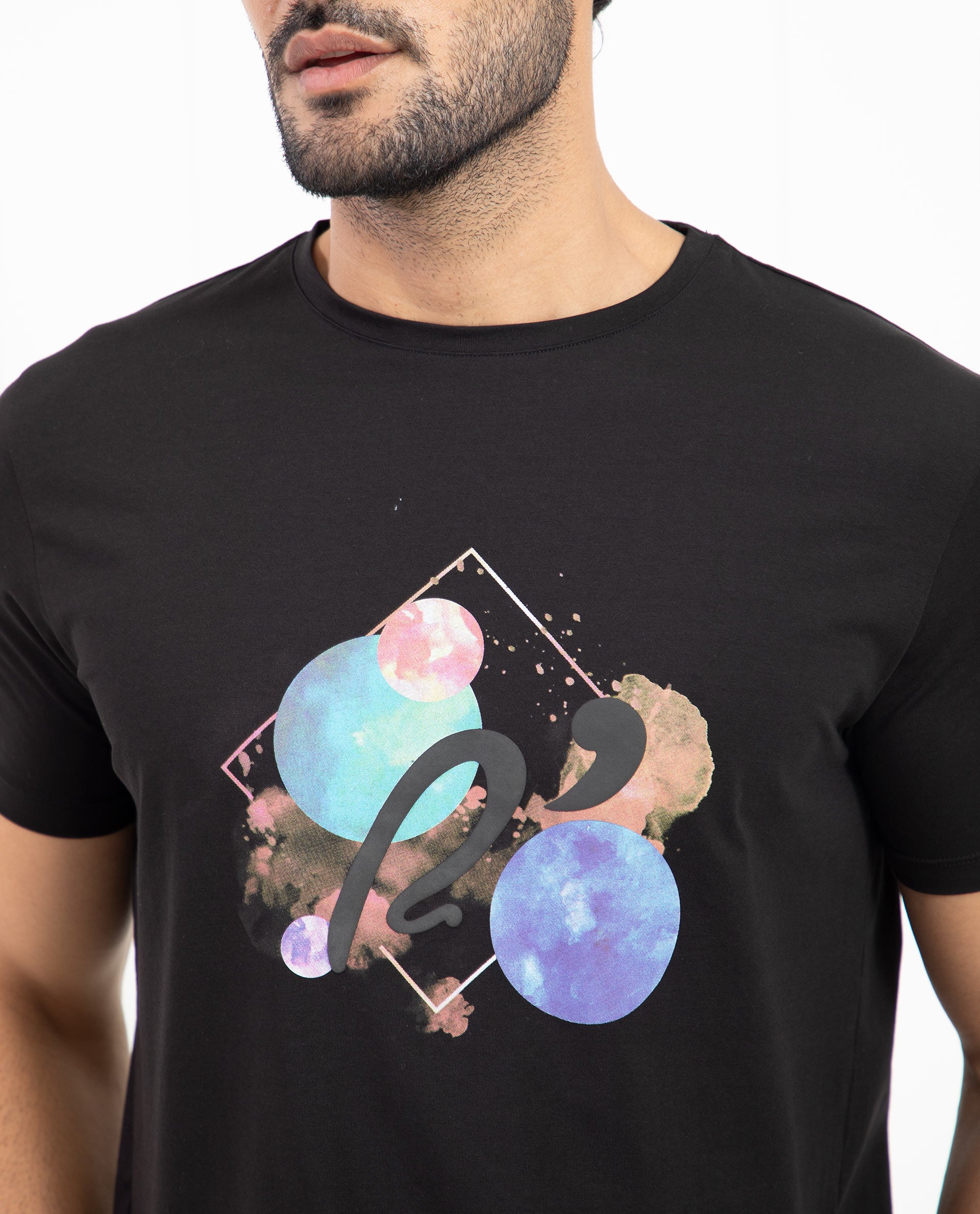 Rare Rabbit Men's Moreno Black Crew Neck Half Sleeves Regular Fit Graphic Print T-Shirt