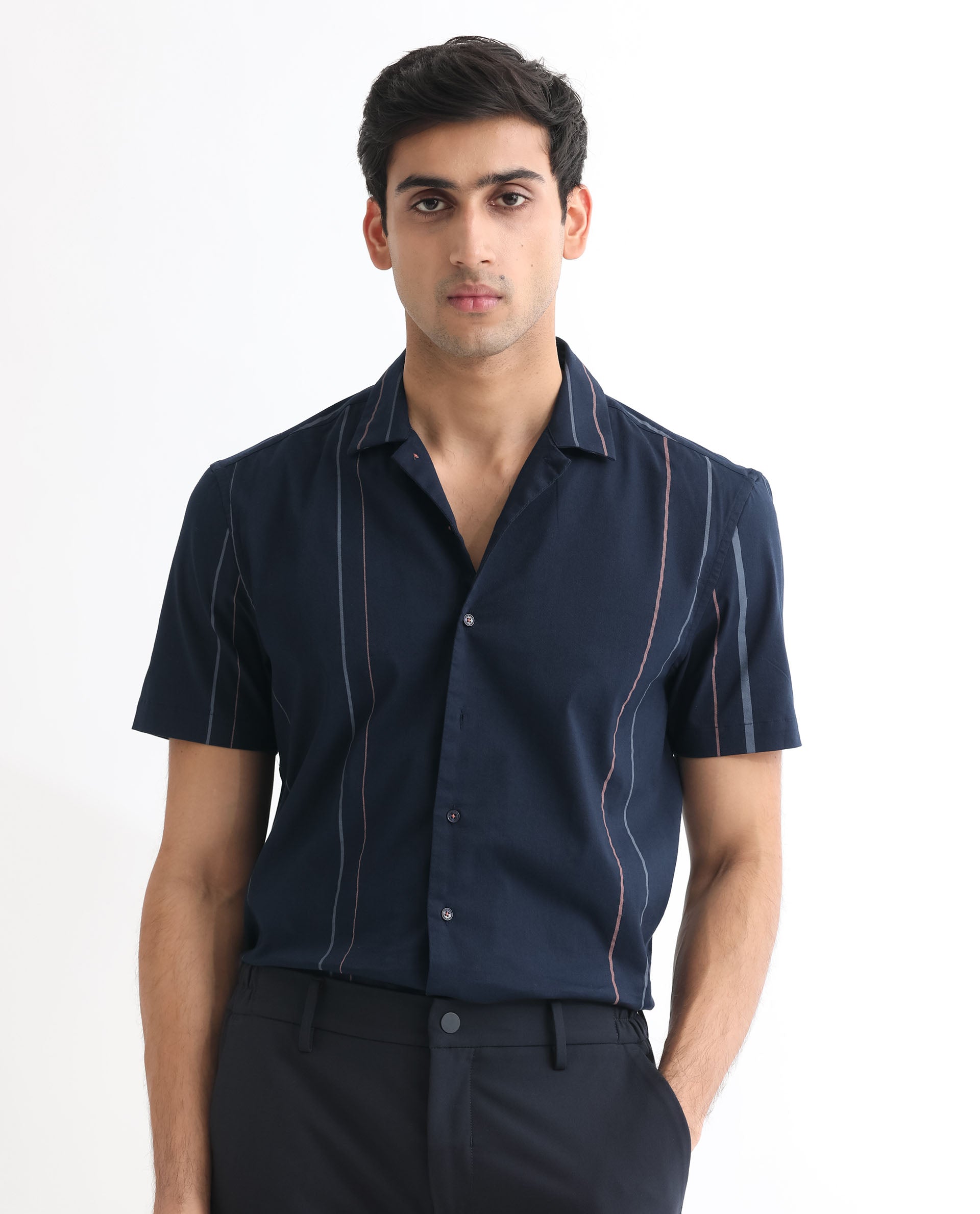 Rare Rabbit Men's Morlac Dark Navy Cotton Fabric Half Sleeves Striped Shirt