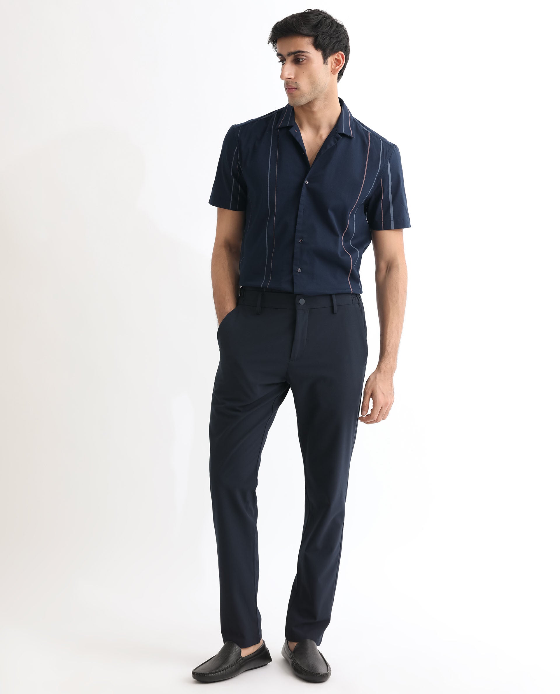 Rare Rabbit Men's Morlac Dark Navy Cotton Fabric Half Sleeves Striped Shirt