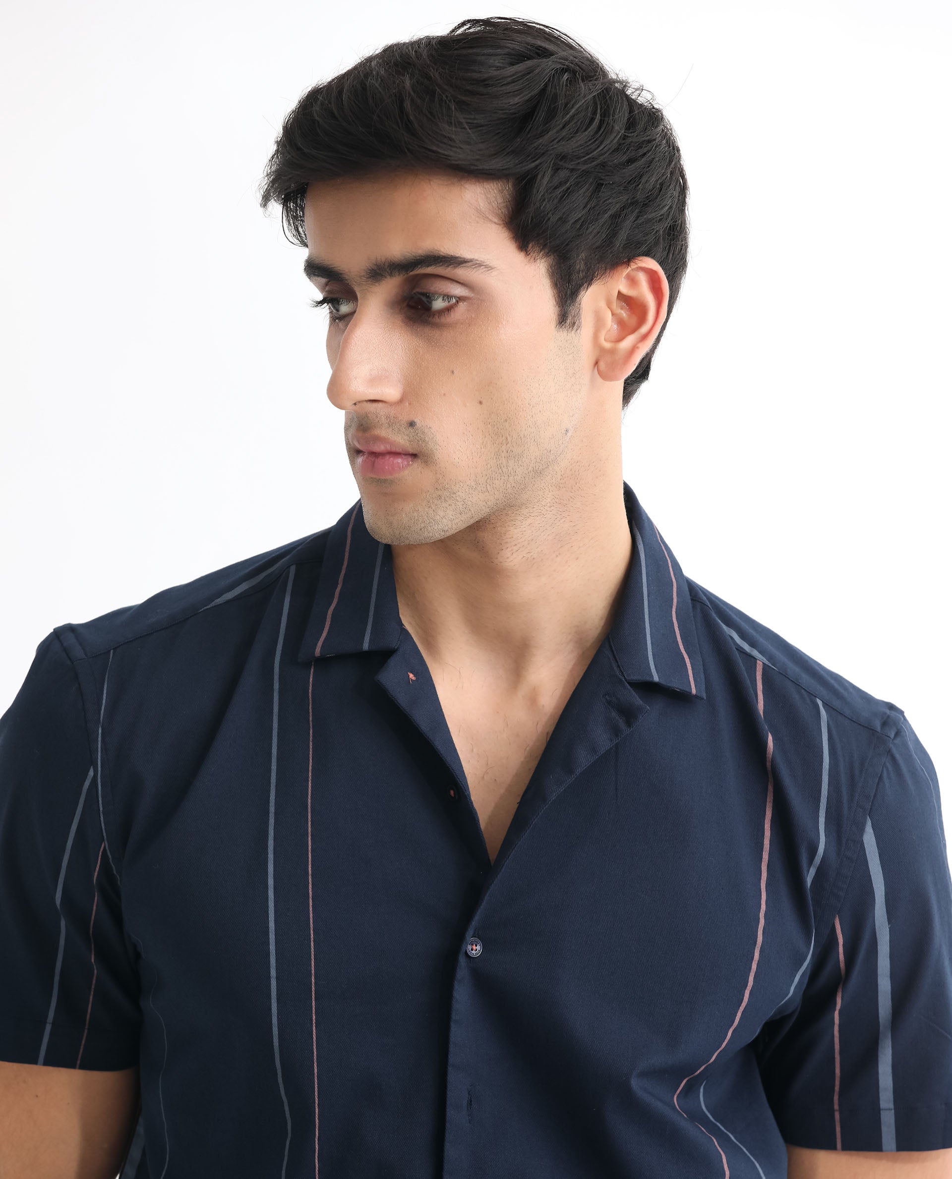 Rare Rabbit Men's Morlac Dark Navy Cotton Fabric Half Sleeves Striped Shirt