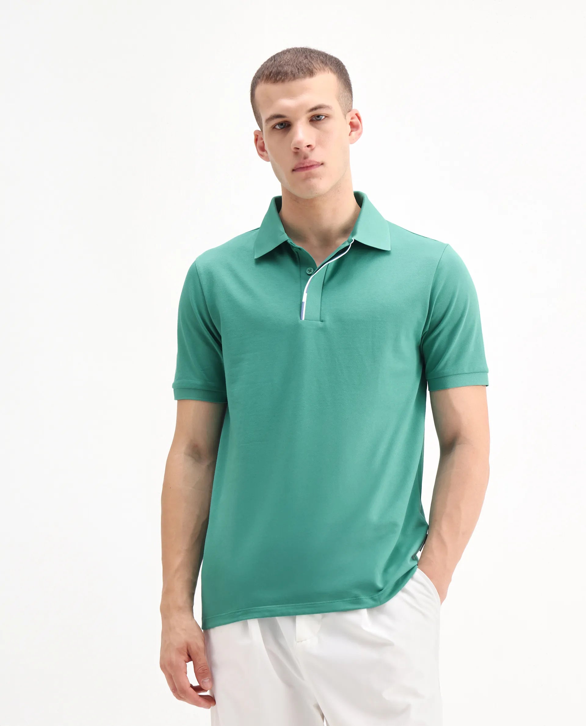 Rare Rabbit Men's Mor Light Green Cotton Blend Plain Regular Fit Half Sleeve Polo
