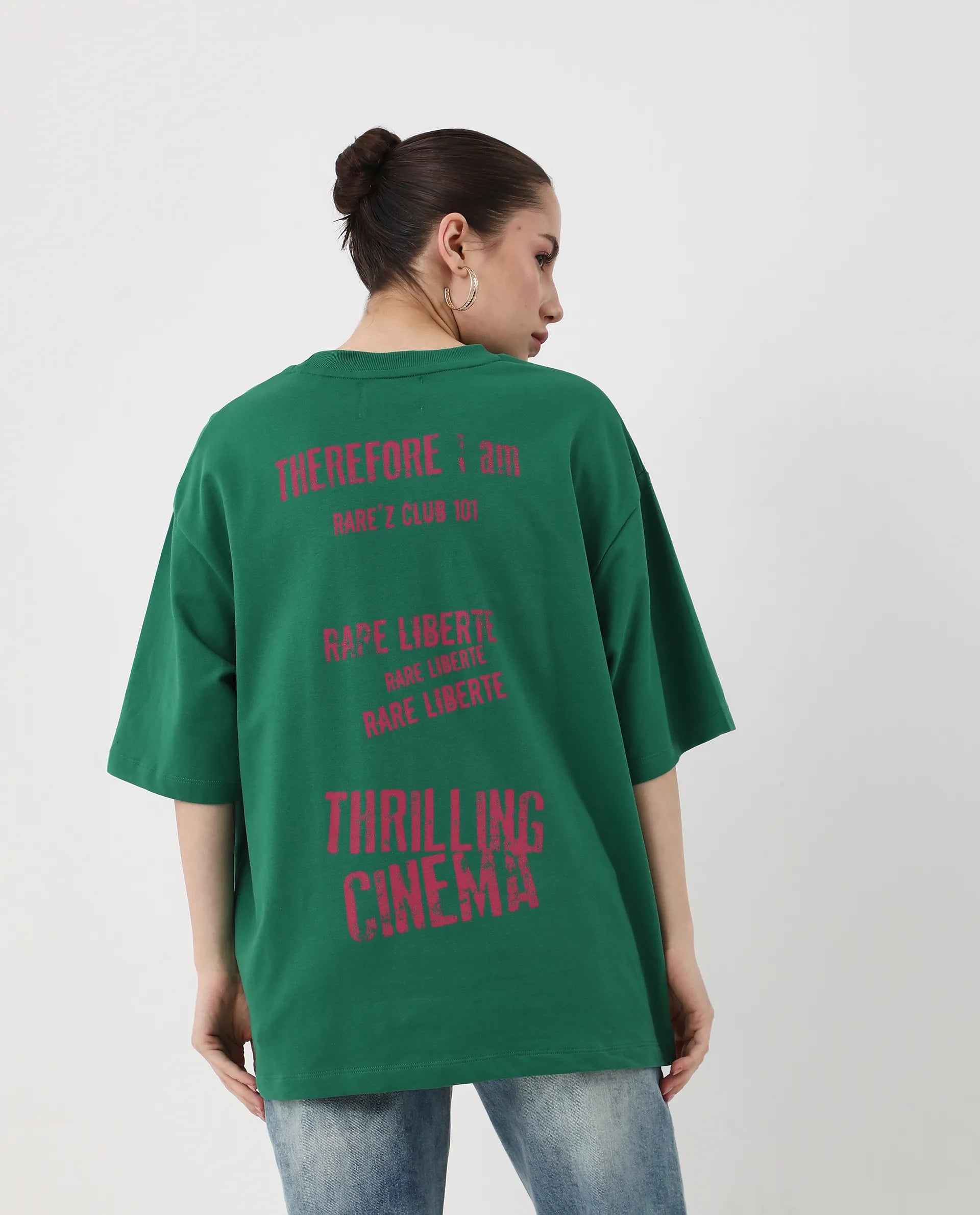 Rareism Women's Morsh Green Cotton Graphic Print Oversized T-Shirt