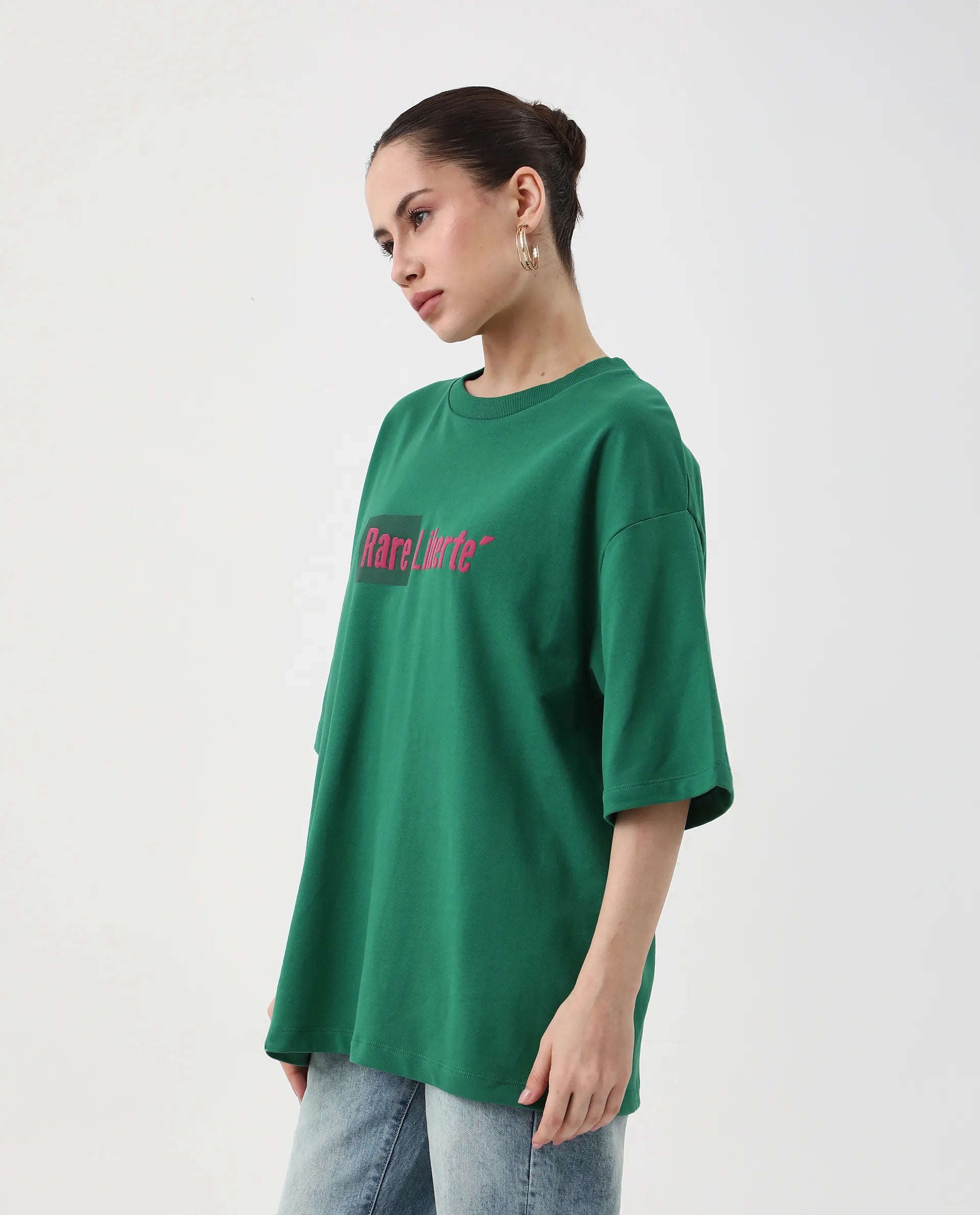 Rareism Women's Morsh Green Cotton Graphic Print Oversized T-Shirt