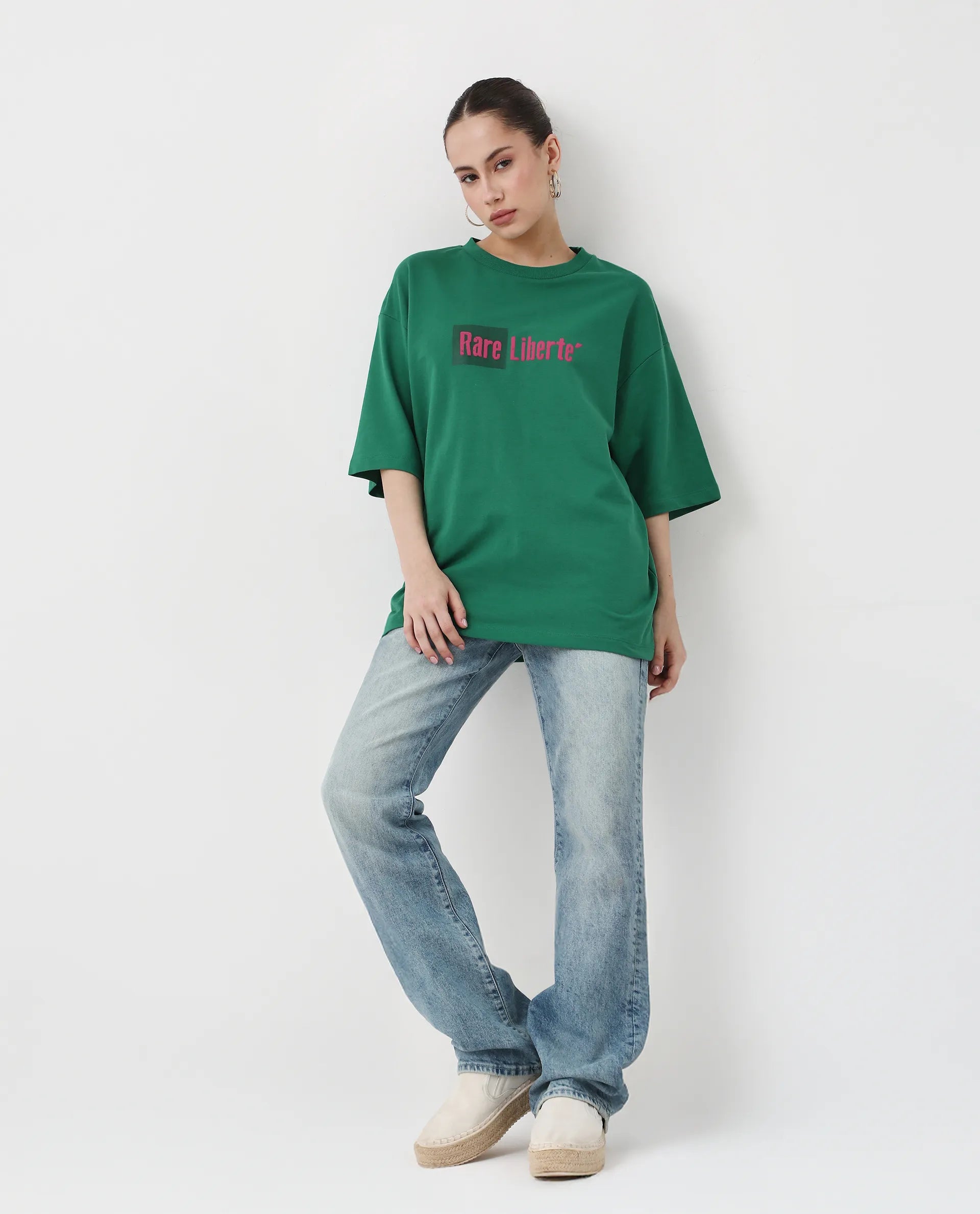 Rareism Women's Morsh Green Cotton Graphic Print Oversized T-Shirt