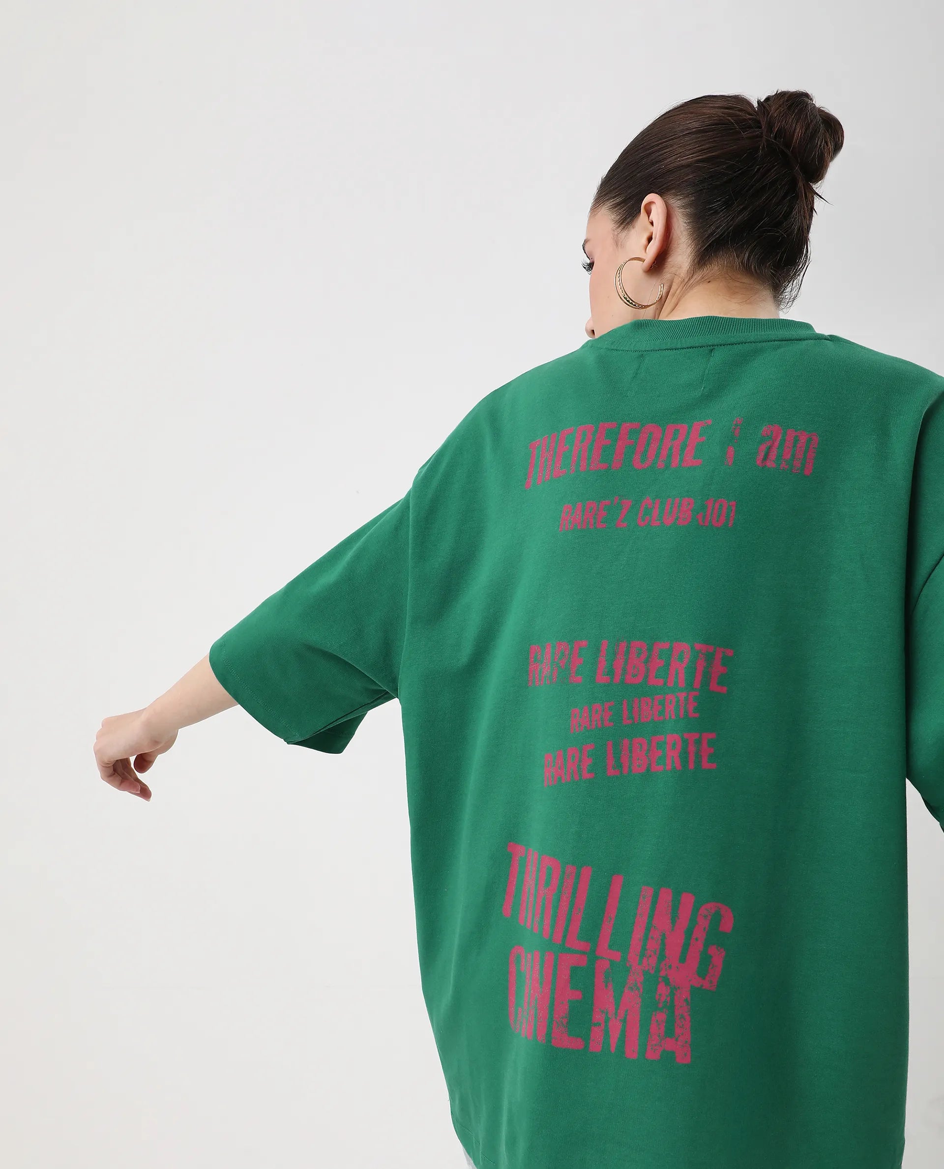 Rareism Women's Morsh Green Cotton Graphic Print Oversized T-Shirt