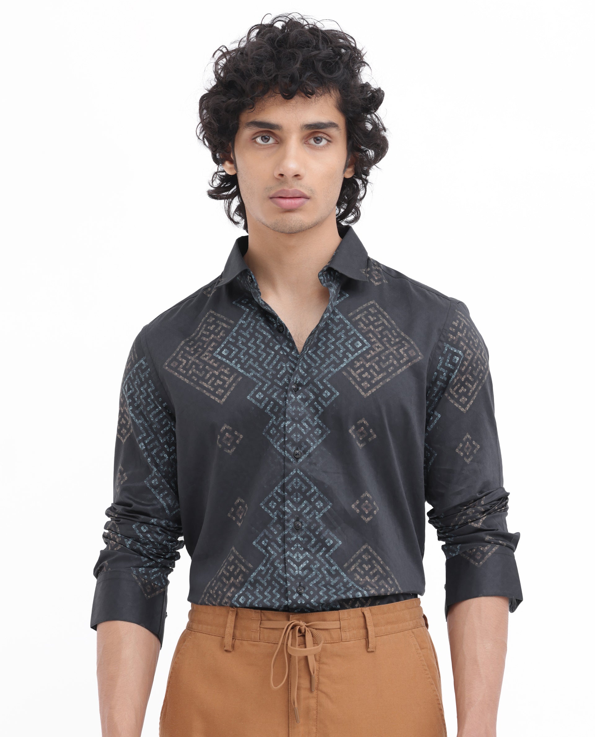 Rare Rabbit Men's Mosac Black Cotton Fabric Full Sleeves Geometric Print Shirt