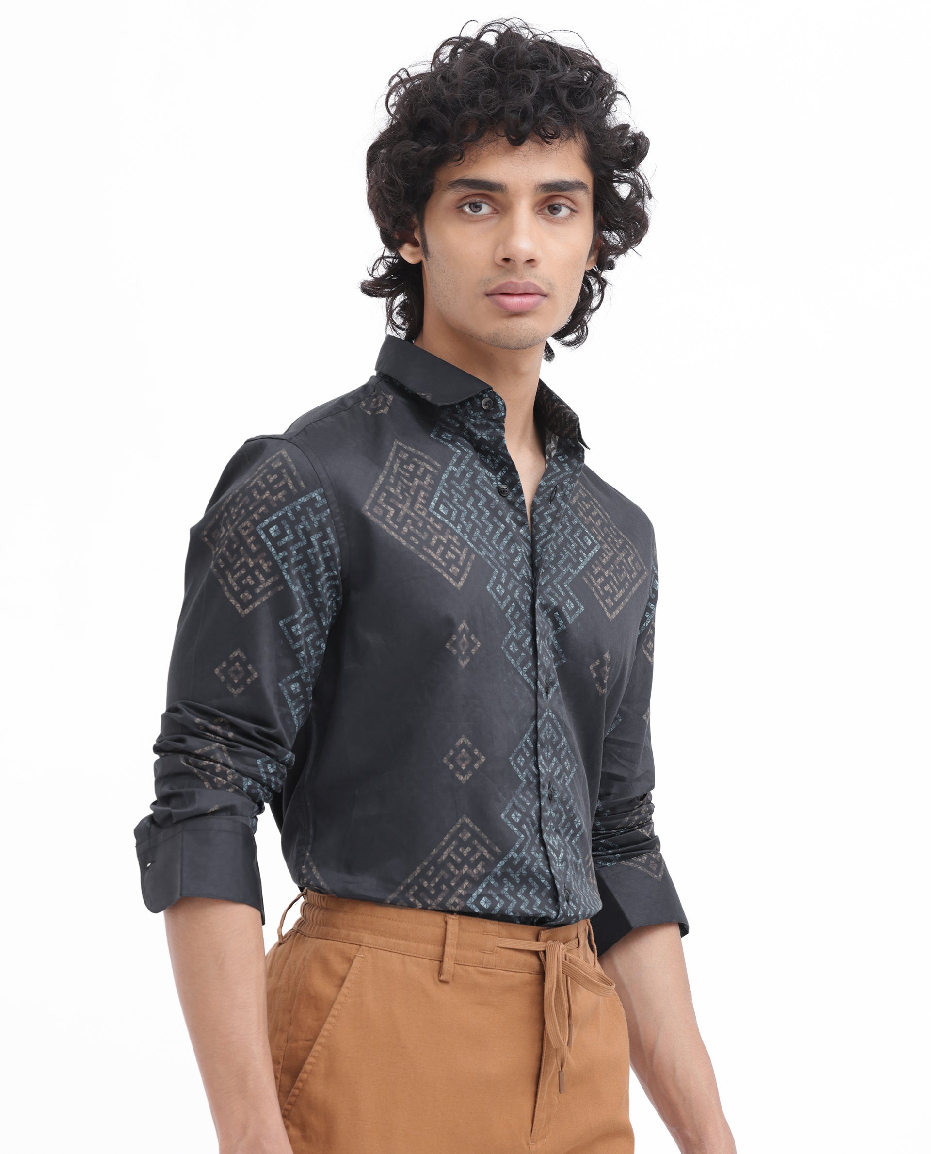 Rare Rabbit Men's Mosac Black Cotton Fabric Full Sleeves Geometric Print Shirt
