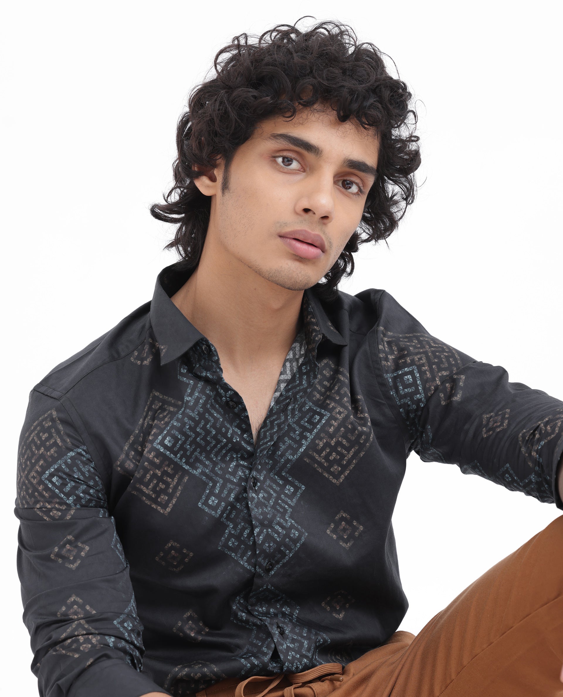 Rare Rabbit Men's Mosac Black Cotton Fabric Full Sleeves Geometric Print Shirt