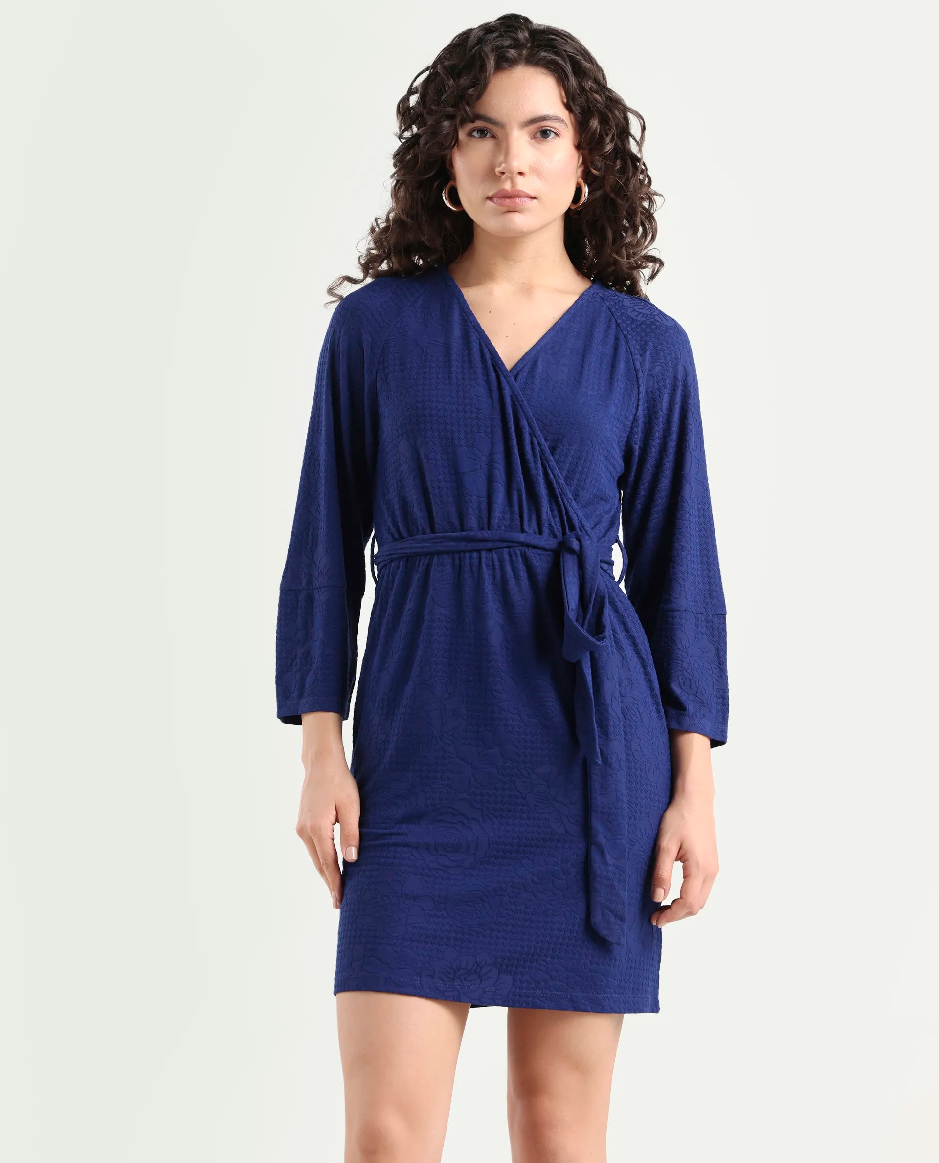 Rareism Women's Mose Navy Polyester V-Neck Floral Print Mini Regular Fit Dress