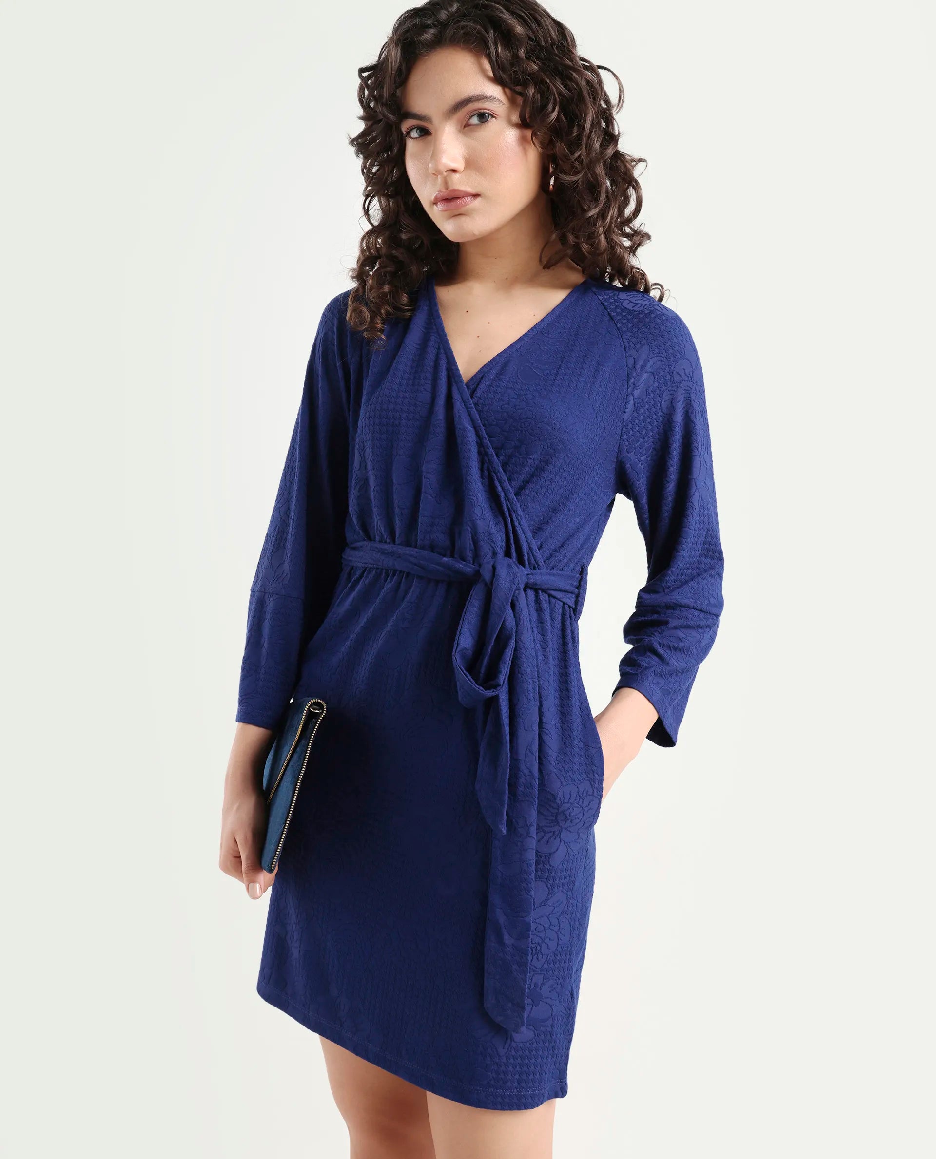 Rareism Women's Mose Navy Polyester V-Neck Floral Print Mini Regular Fit Dress