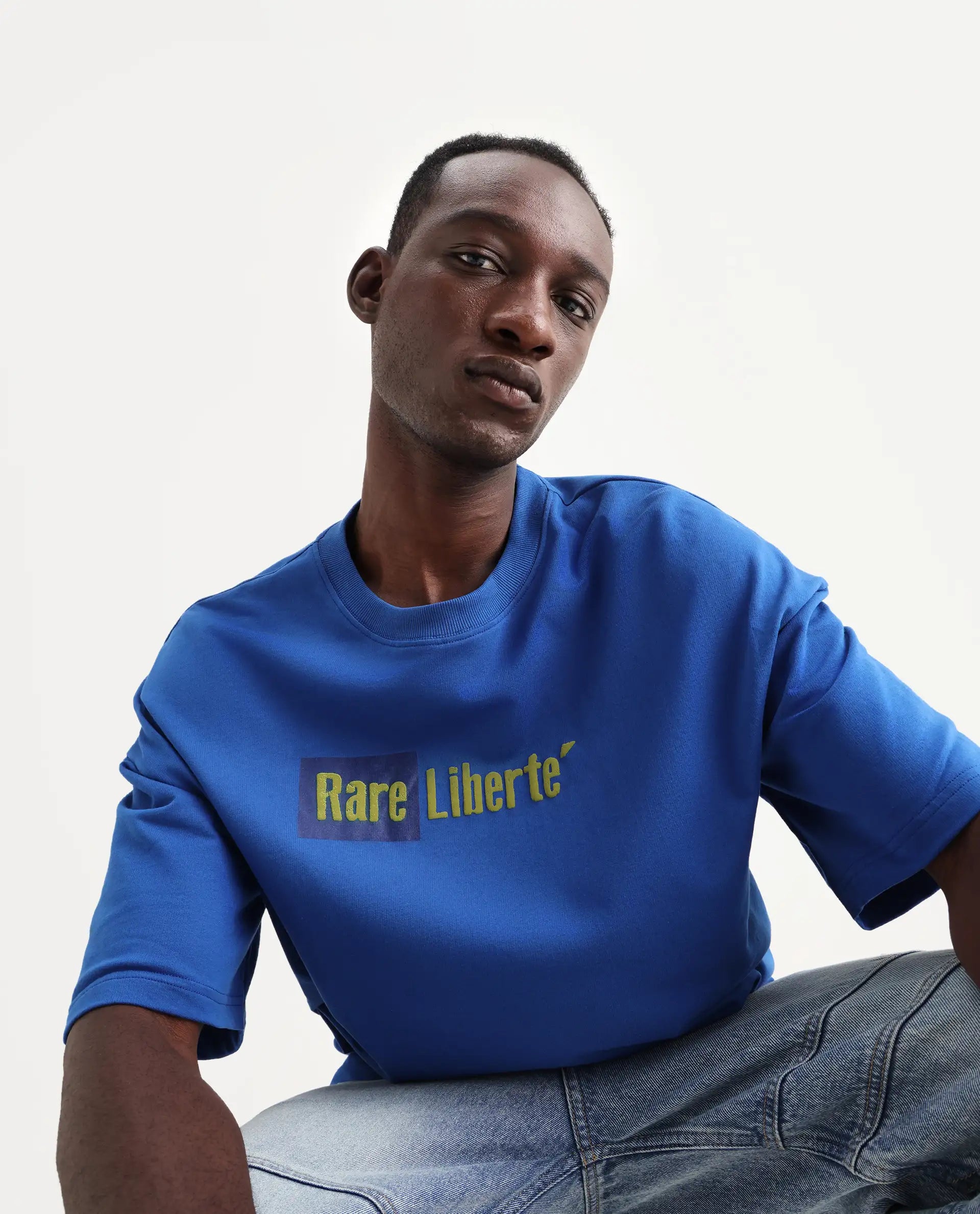 Rare Rabbit Men's Moshe Flouroscent Blue Cotton Graphic Print Oversized Fit Half Sleeve Crew Neck T-Shirt