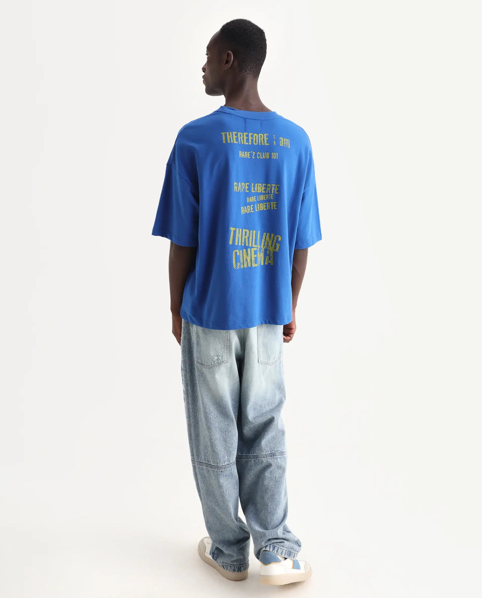 Rare Rabbit Men's Moshe Flouroscent Blue Cotton Graphic Print Oversized Fit Half Sleeve Crew Neck T-Shirt