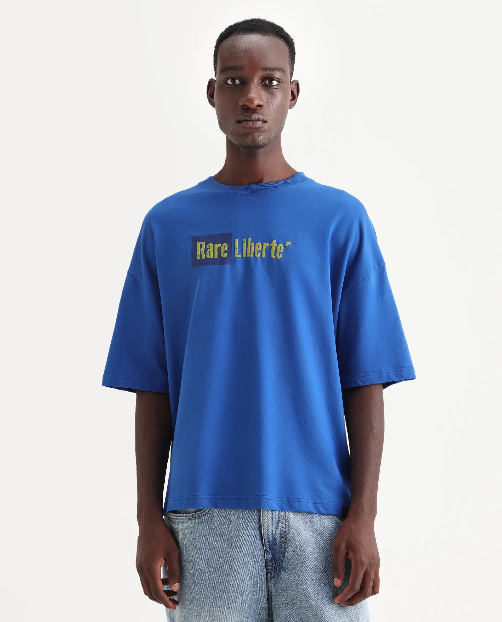 Rare Rabbit Men's Moshe Flouroscent Blue Cotton Graphic Print Oversized Fit Half Sleeve Crew Neck T-Shirt