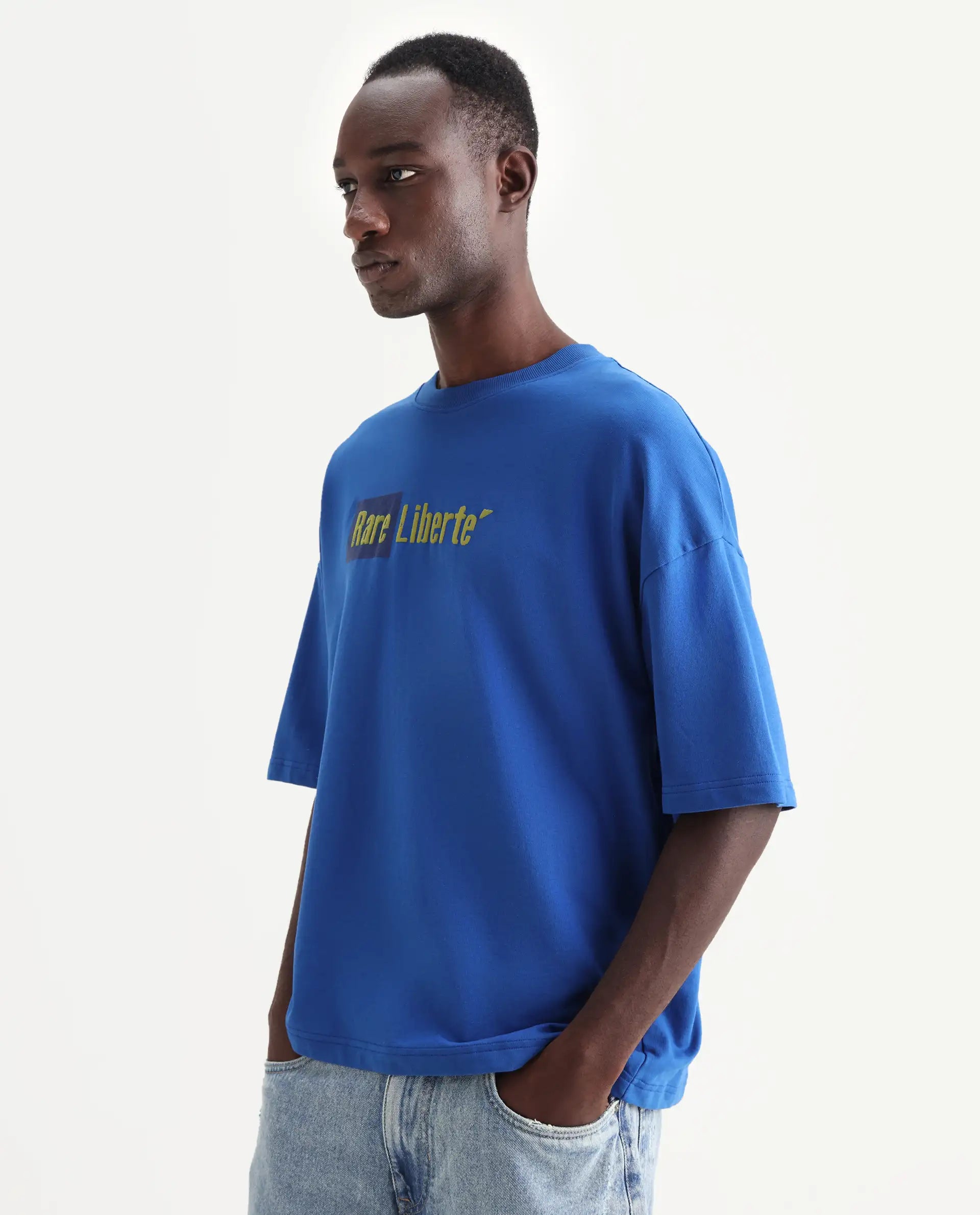 Rare Rabbit Men's Moshe Flouroscent Blue Cotton Graphic Print Oversized Fit Half Sleeve Crew Neck T-Shirt