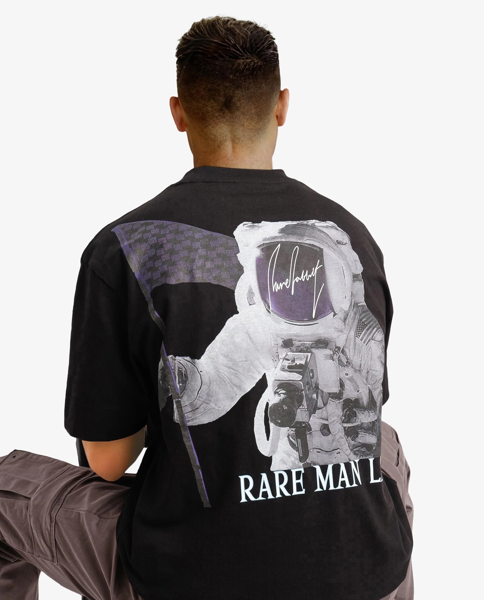 Rare Rabbit Men Motm Black Short Sleeve Crew Neck Oversized Fit Graphic Back Print T-Shirt