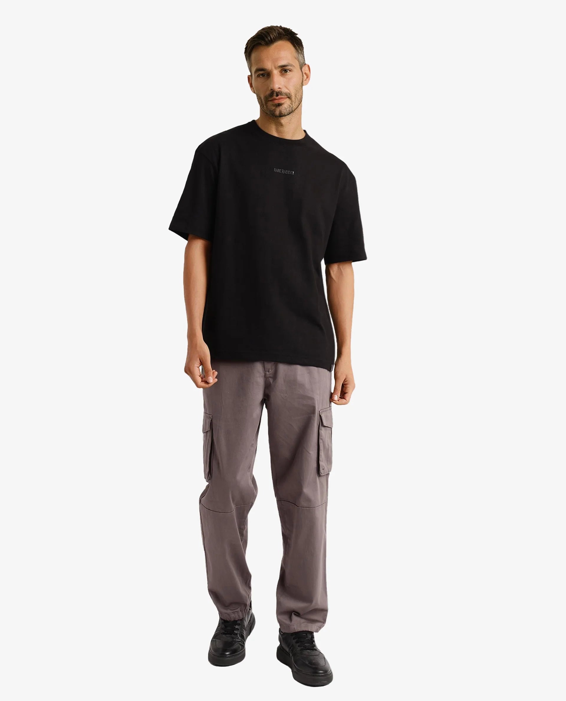 Rare Rabbit Men Motm Black Short Sleeve Crew Neck Oversized Fit Graphic Back Print T-Shirt