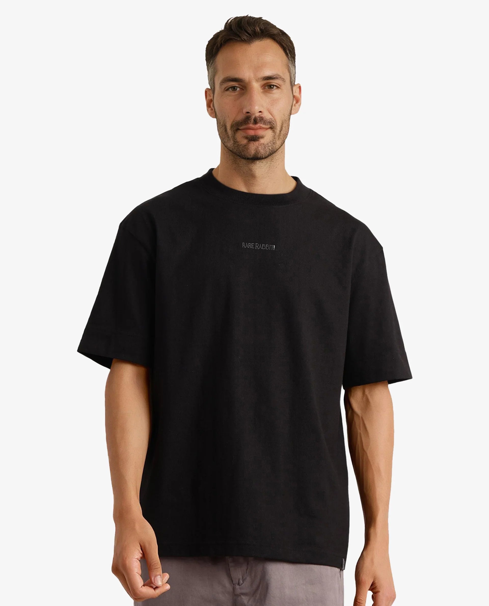Rare Rabbit Men Motm Black Short Sleeve Crew Neck Oversized Fit Graphic Back Print T-Shirt