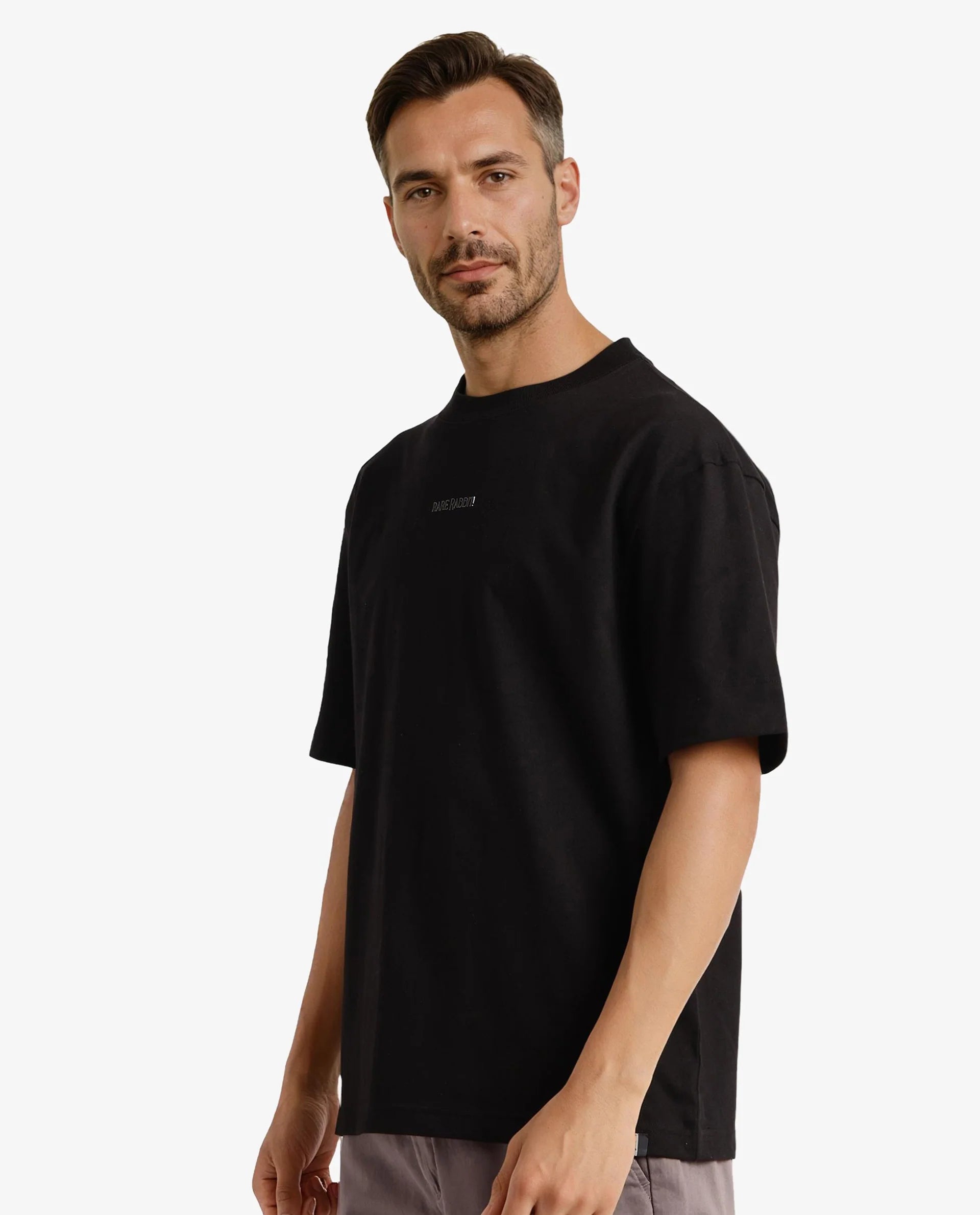 Rare Rabbit Men Motm Black Short Sleeve Crew Neck Oversized Fit Graphic Back Print T-Shirt