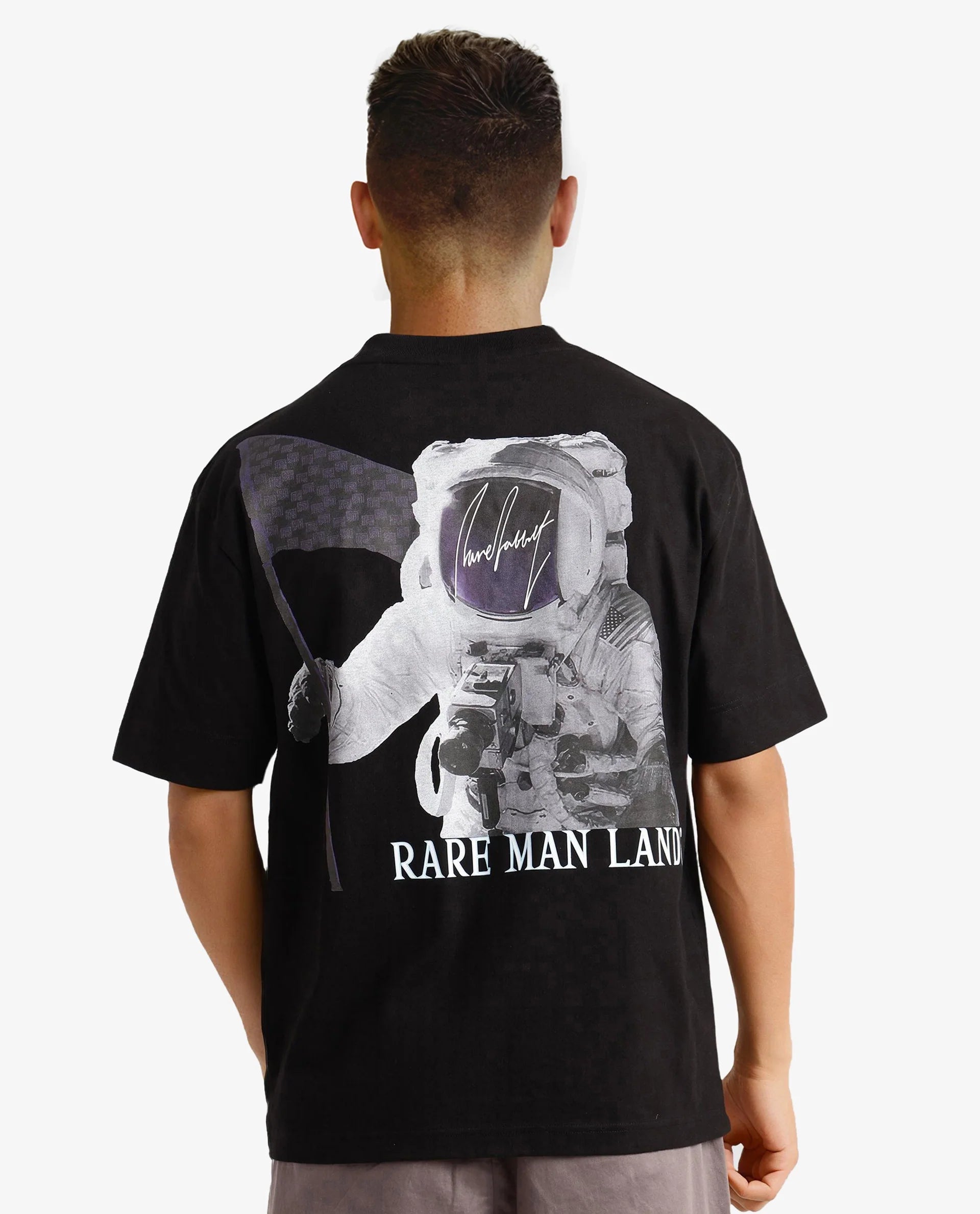 Rare Rabbit Men Motm Black Short Sleeve Crew Neck Oversized Fit Graphic Back Print T-Shirt