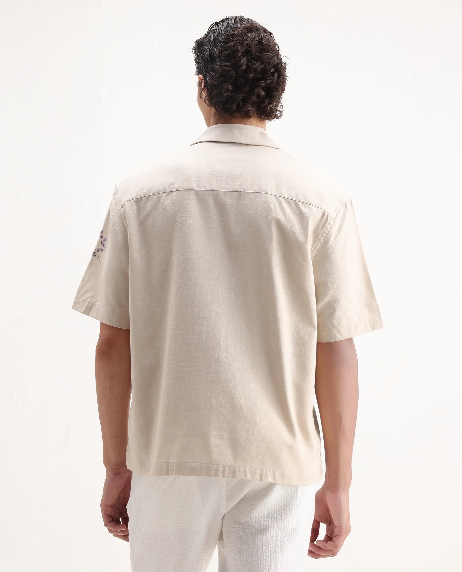 Rare Rabbit Men's Mouzon Off White Cotton Embroidered Relaxed Fit Half Sleeve Cuban Collar Shirt