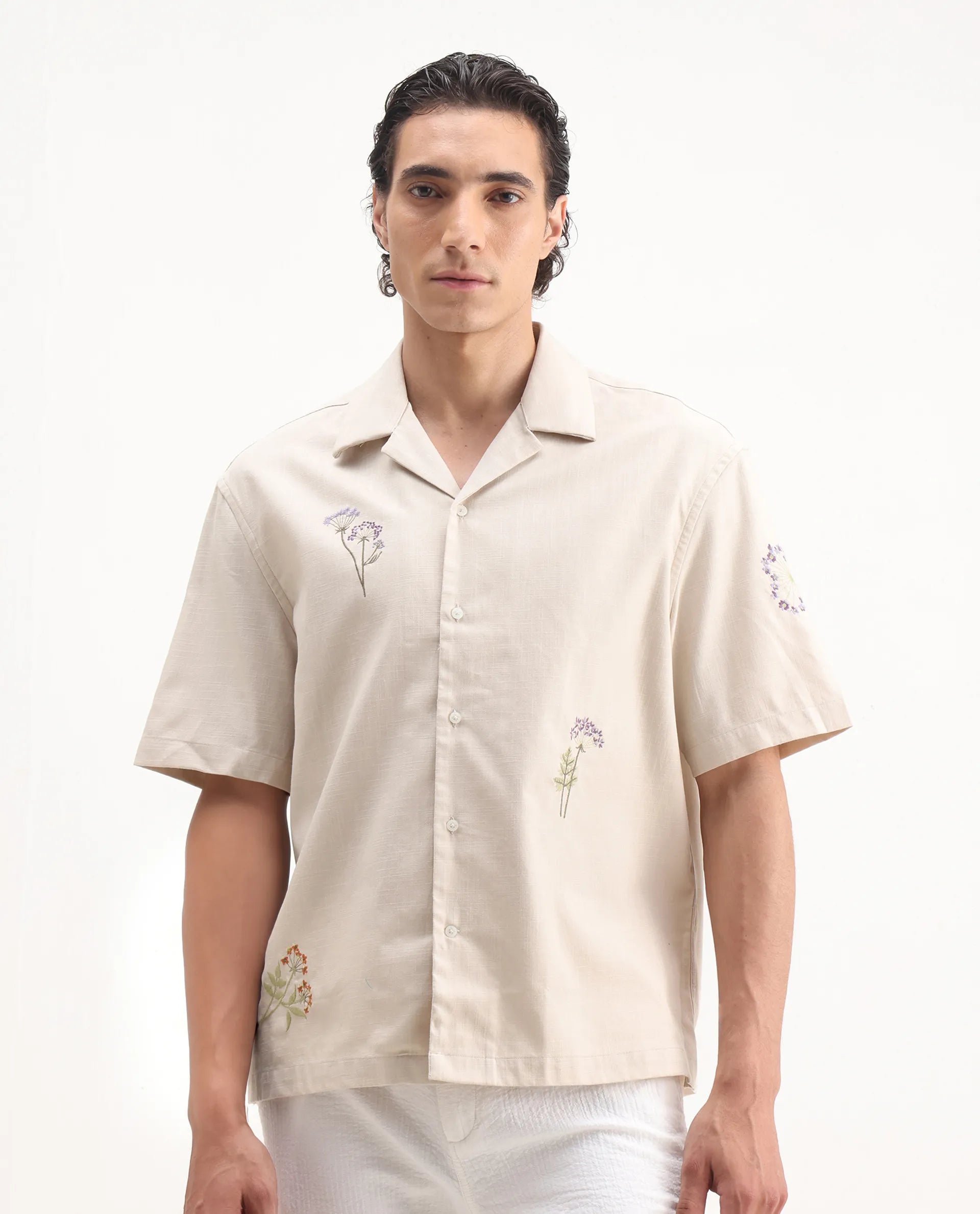 Rare Rabbit Men's Mouzon Off White Cotton Embroidered Relaxed Fit Half Sleeve Cuban Collar Shirt
