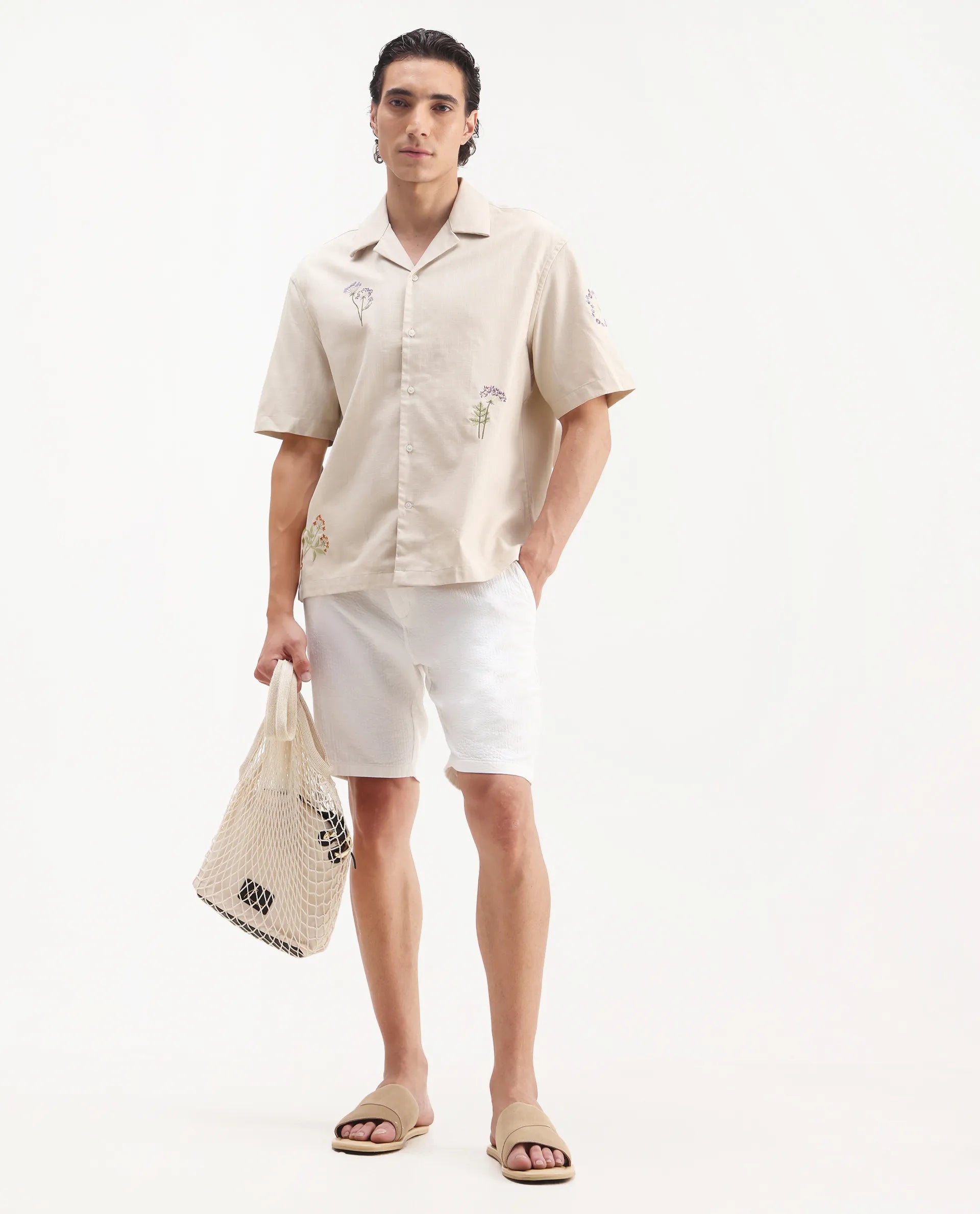 Rare Rabbit Men's Mouzon Off White Cotton Embroidered Relaxed Fit Half Sleeve Cuban Collar Shirt