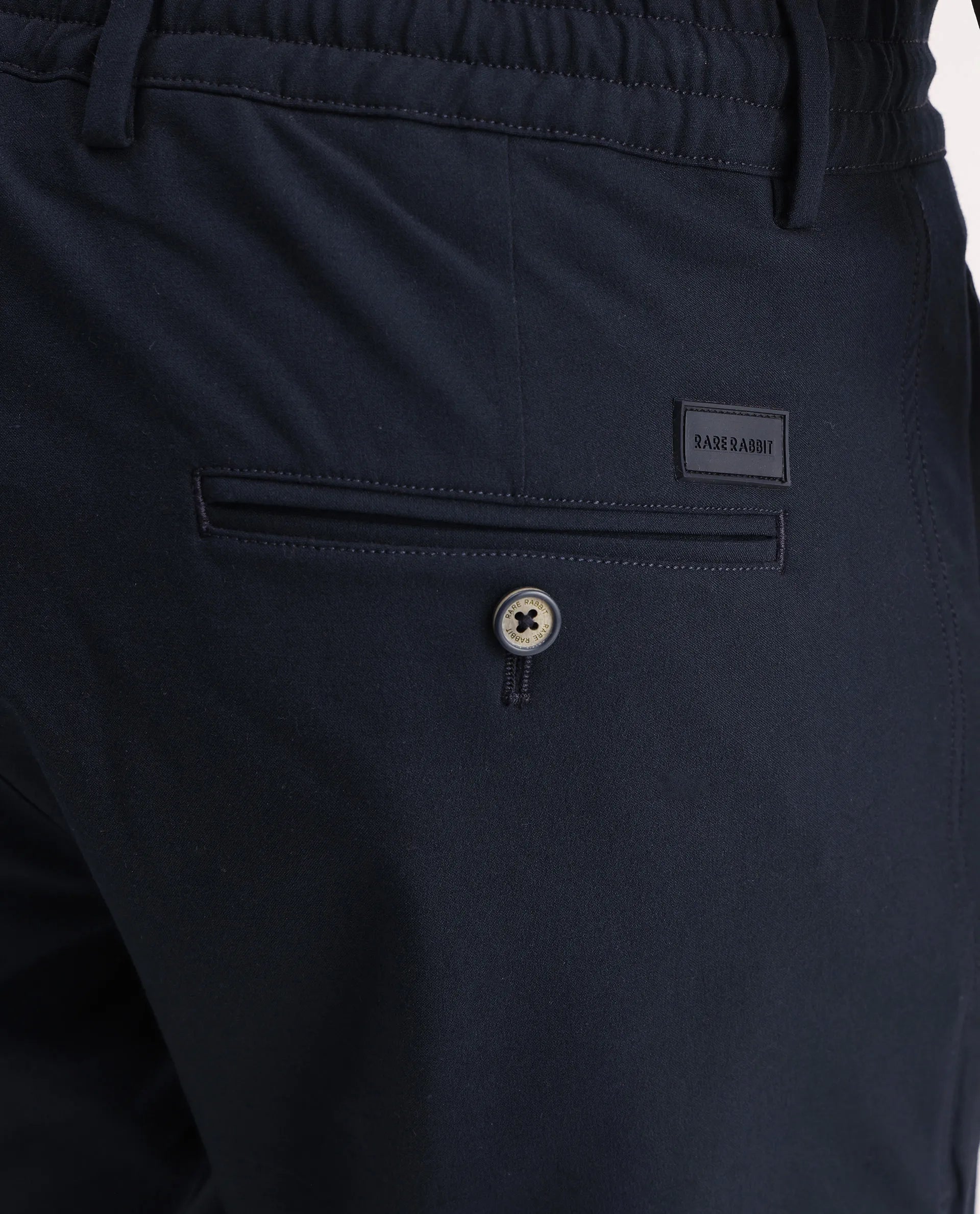 Rare Rabbit Men's Move-25 Navy Polyester Blend Plain Regular Fit Trouser