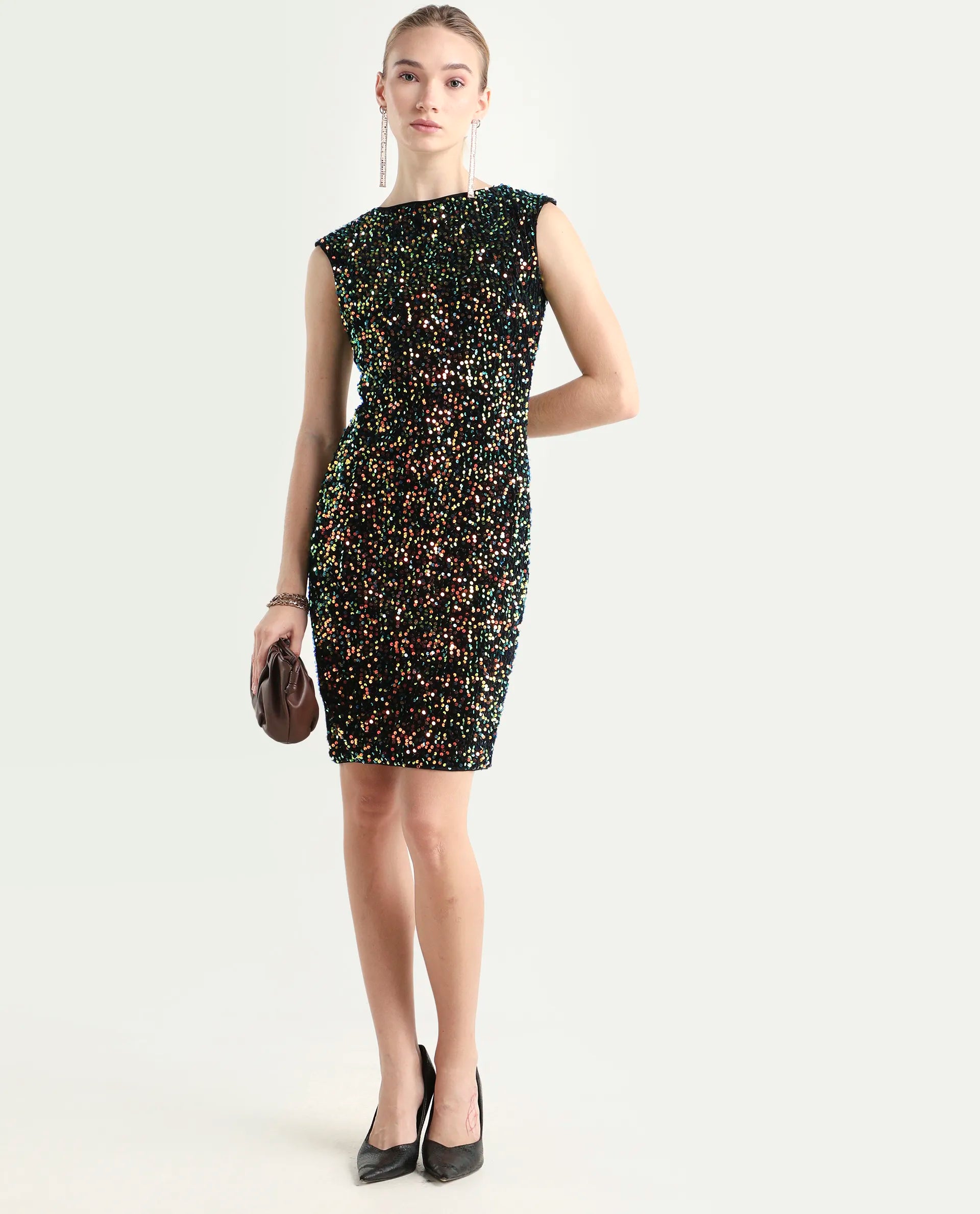 Rareism Women's Mulan Sheen Purple Polyester Crew Neck Sequined Extended Sleeves Mini Regular Fit Dress