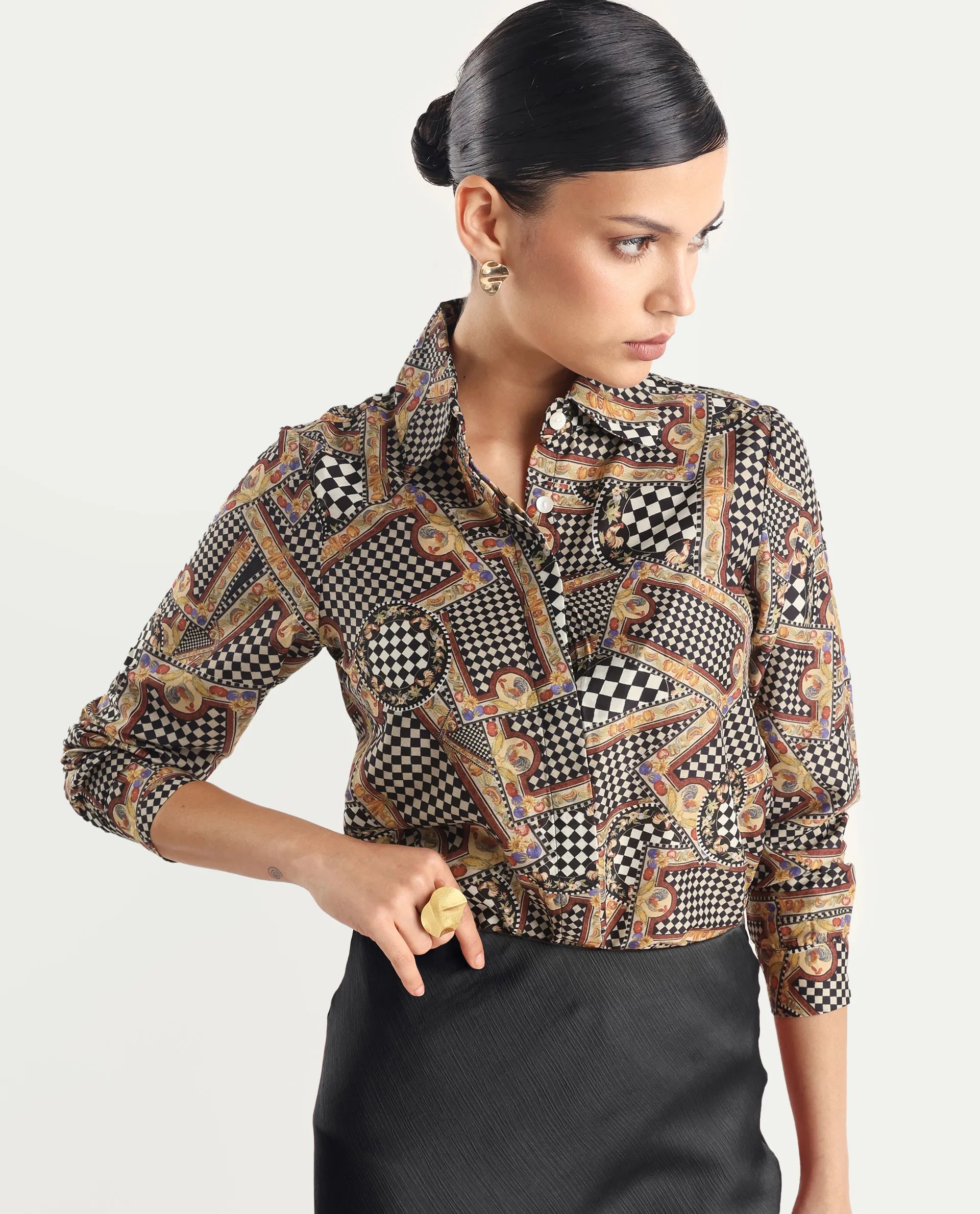 Rareism Women's Musery Multi Cotton Spread Collar Geometric Print Cuffed Sleeve Boxy Fit Top