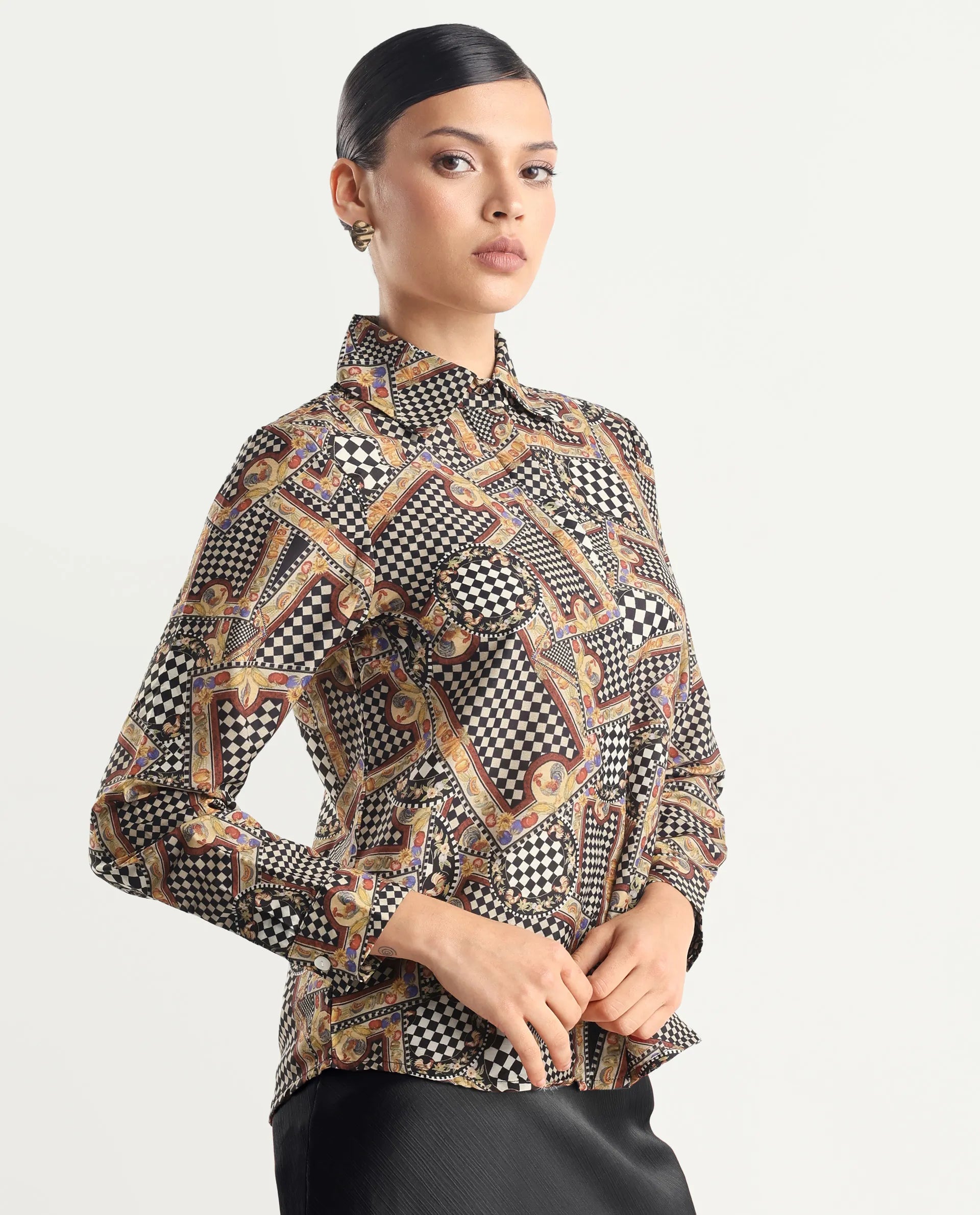 Rareism Women's Musery Multi Cotton Spread Collar Geometric Print Cuffed Sleeve Boxy Fit Top