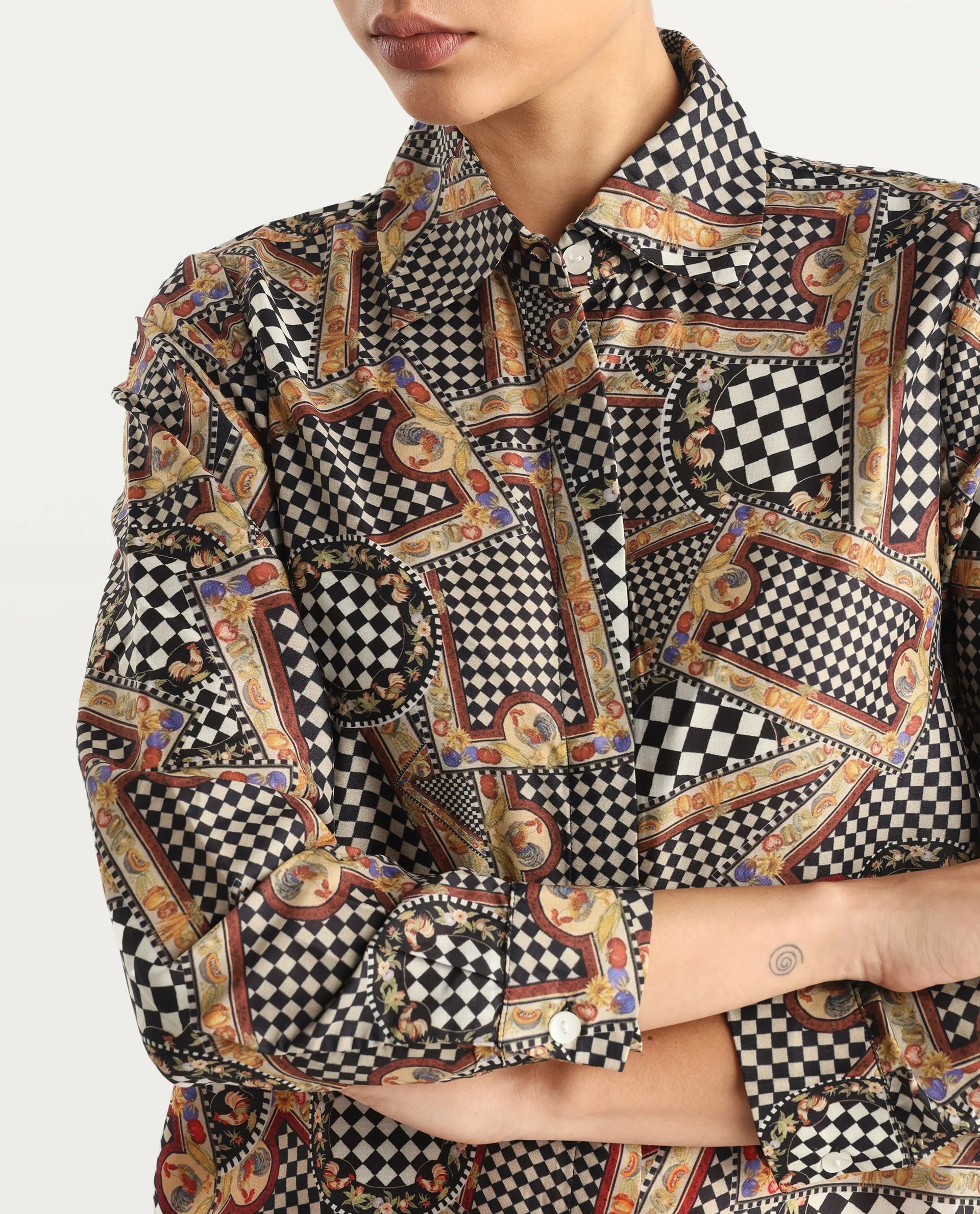 Rareism Women's Musery Multi Cotton Spread Collar Geometric Print Cuffed Sleeve Boxy Fit Top