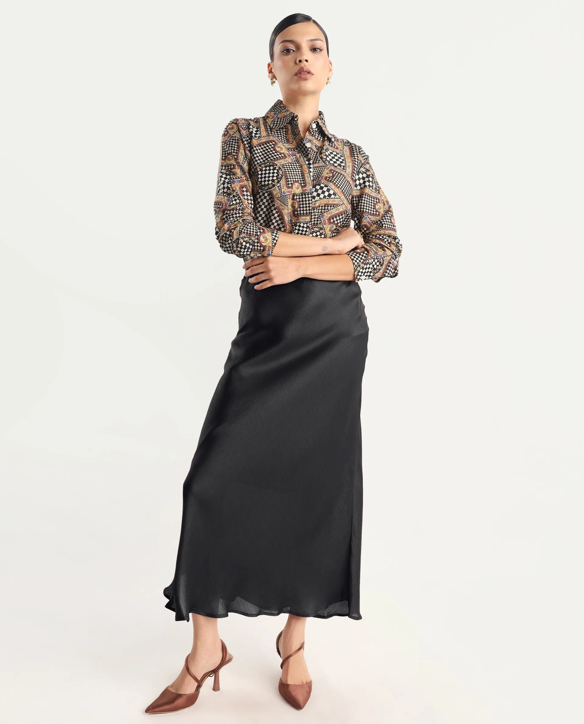 Rareism Women's Musery Multi Cotton Spread Collar Geometric Print Cuffed Sleeve Boxy Fit Top