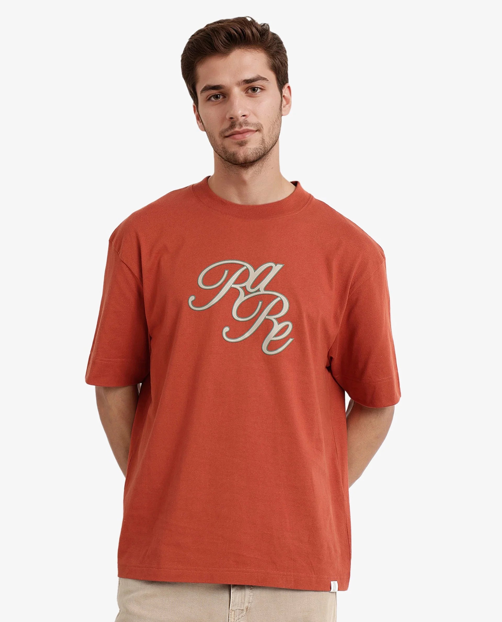 Rare Rabbit Men Muville Rust Short Sleeve Crew Neck Oversized Fit Typo Graphic Print T-Shirt