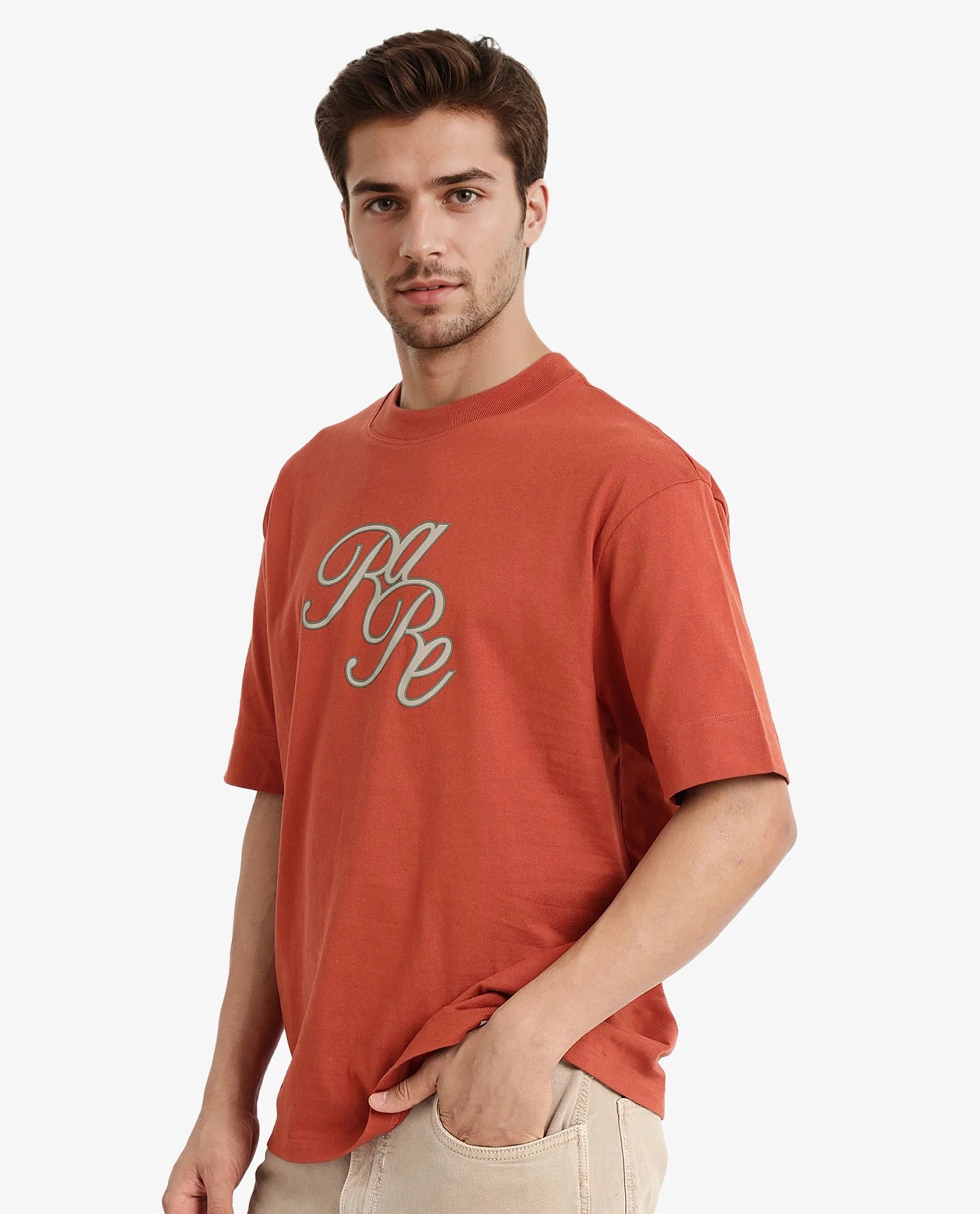 Rare Rabbit Men Muville Rust Short Sleeve Crew Neck Oversized Fit Typo Graphic Print T-Shirt