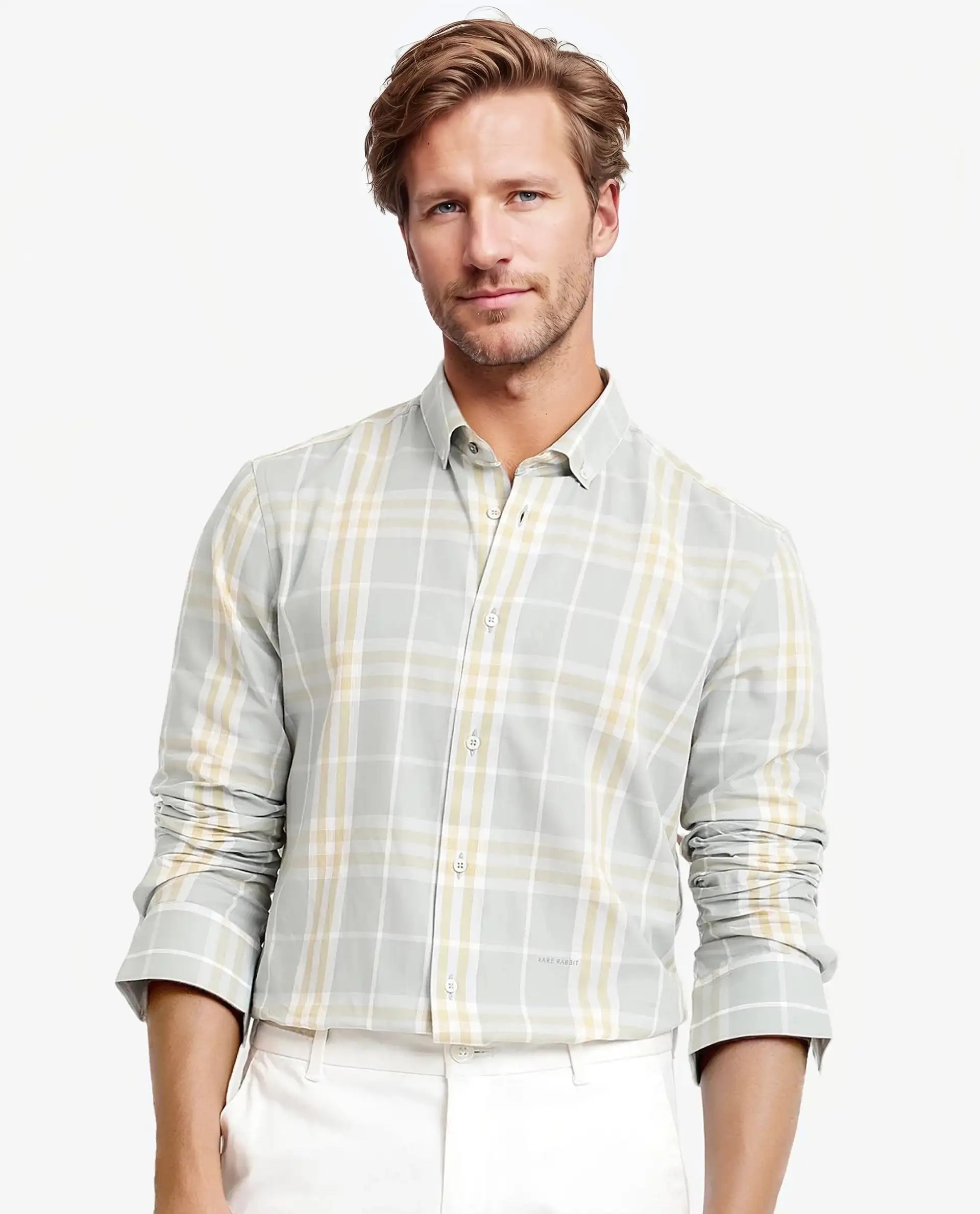 Rare Rabbit Men's Muz Light Grey Cotton Fabric Full Sleeve Collared Regular Fit Checked Shirt