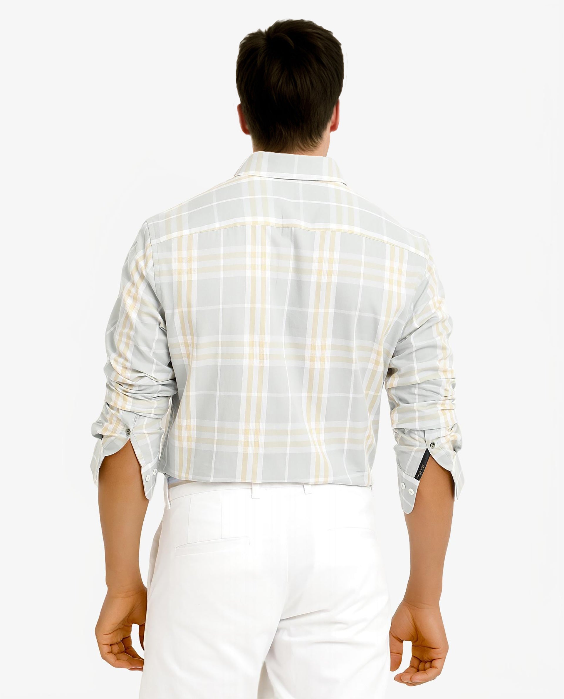 Rare Rabbit Men's Muz Light Grey Cotton Fabric Full Sleeve Collared Regular Fit Checked Shirt